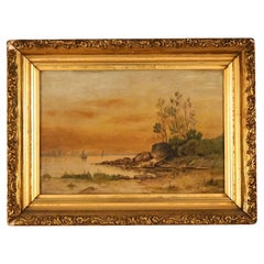 Vintage Oil on Board Painting of Seascape with Boats C1900