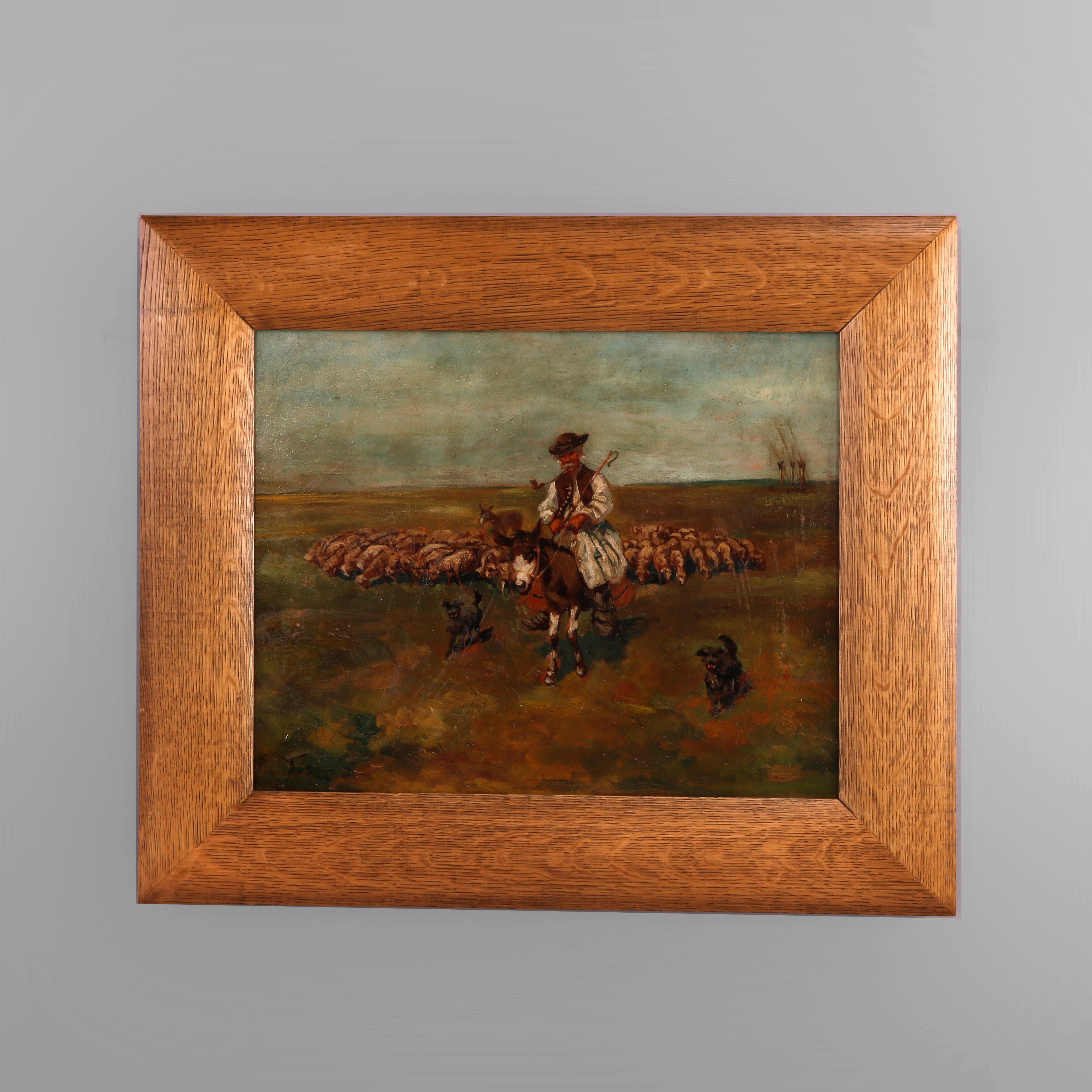 An antique Continental landscape painting offers oil on board scene with a shepherd on a donkey with his herd of sheep and dog, artist signed illegible, seated in giltwood frame, 19th century

Measures - 24.5'' H x 28.75'' W x 1.25'' D.

Catalogue