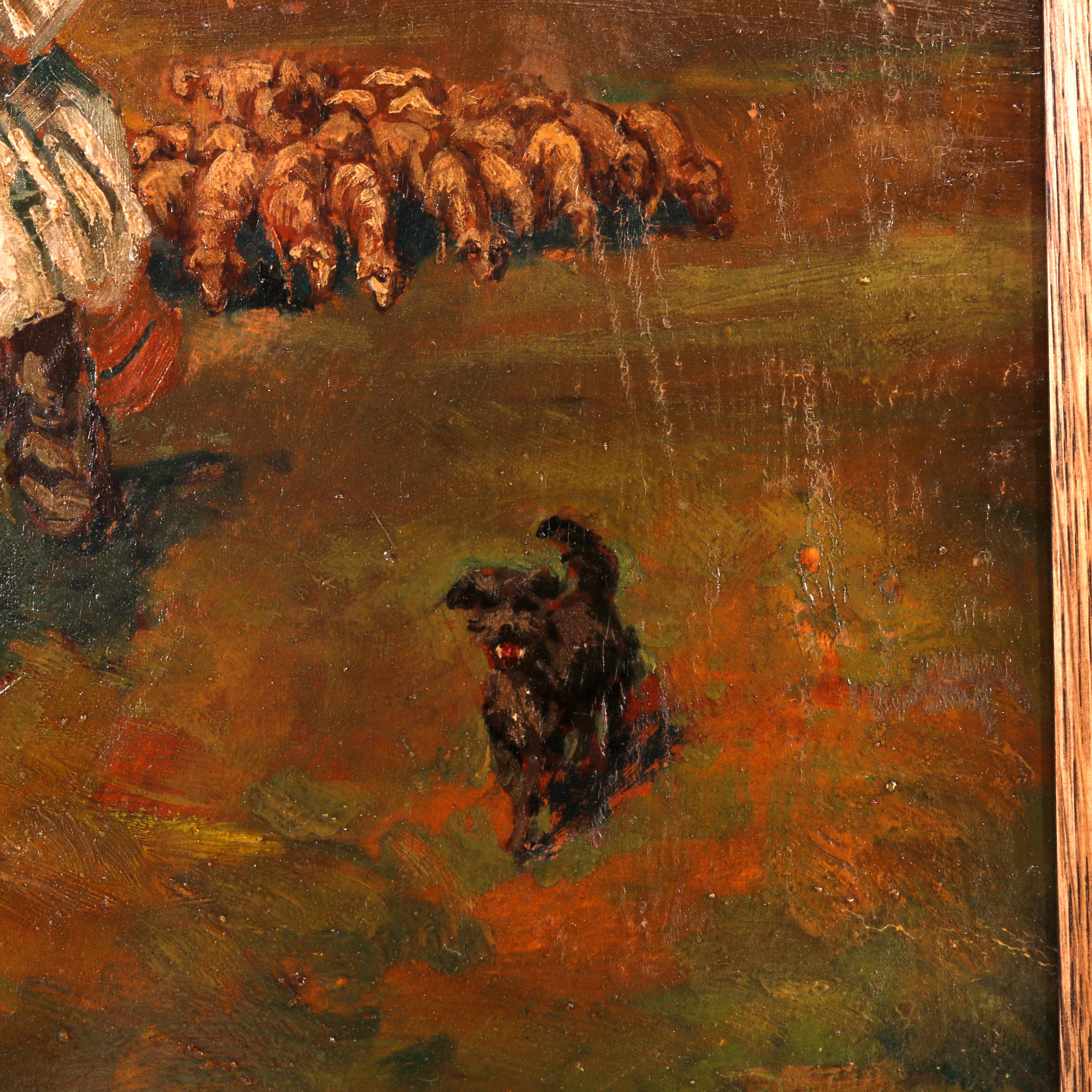 Antique Oil on Board Painting of Shepherd, Sheep & Dog, Artist Signed, 19th C In Good Condition For Sale In Big Flats, NY