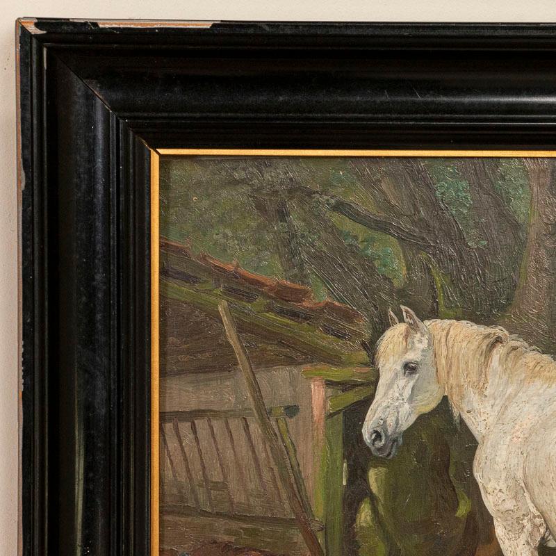 Antique Oil on Board Painting of White and Bay Horses in Turnout, Signed Simon S In Good Condition For Sale In Round Top, TX