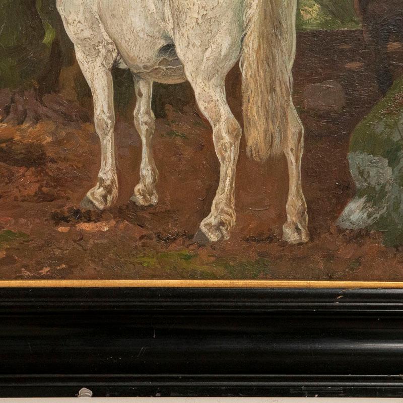 19th Century Antique Oil on Board Painting of White and Bay Horses in Turnout, Signed Simon S For Sale