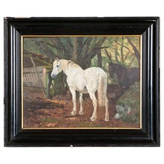 Antique Oil on Board Painting of White and Bay Horses in Turnout, Signed Simon S