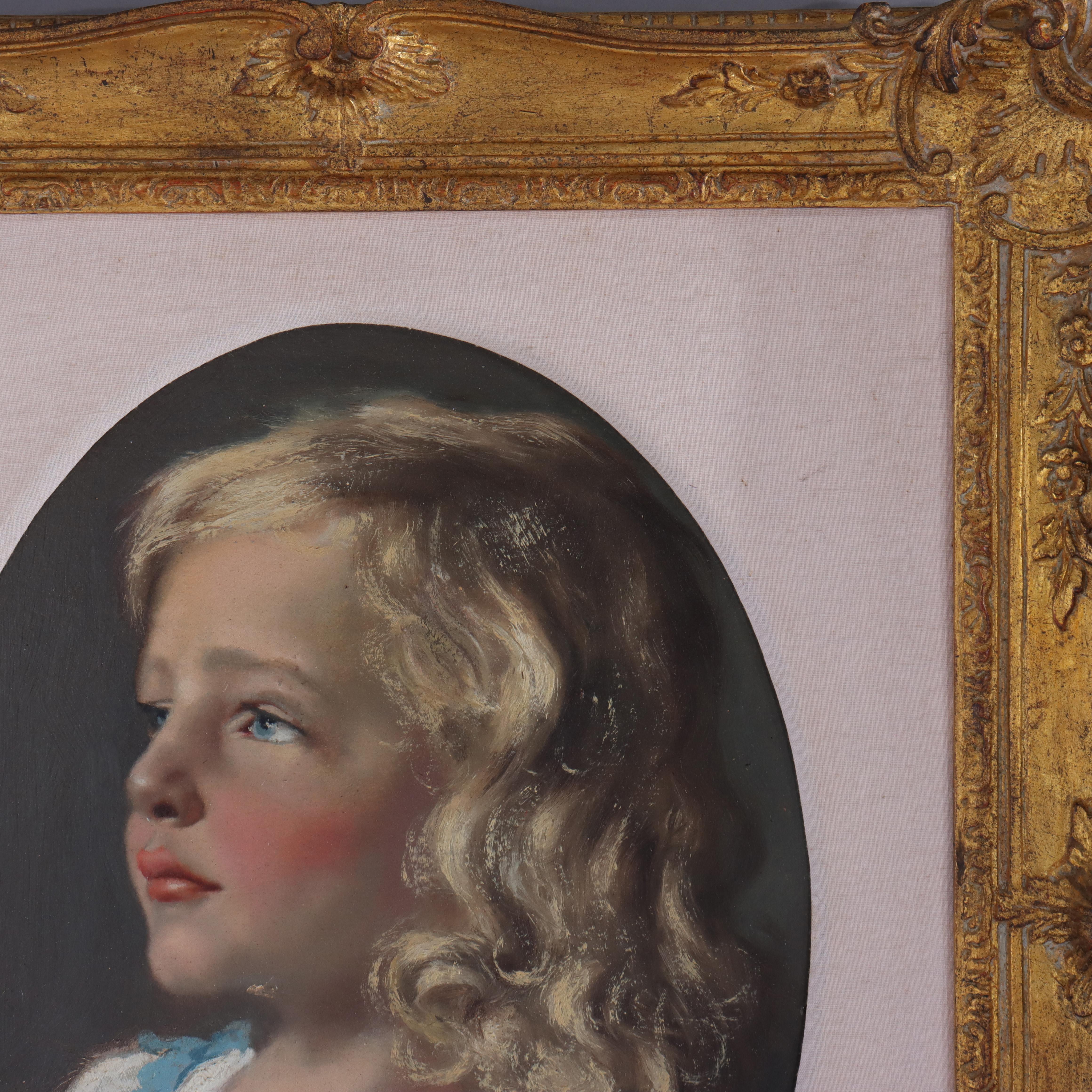 Huile ancienne sur panneau Portrait d'une jeune fille signé 19ème (22 1/2
