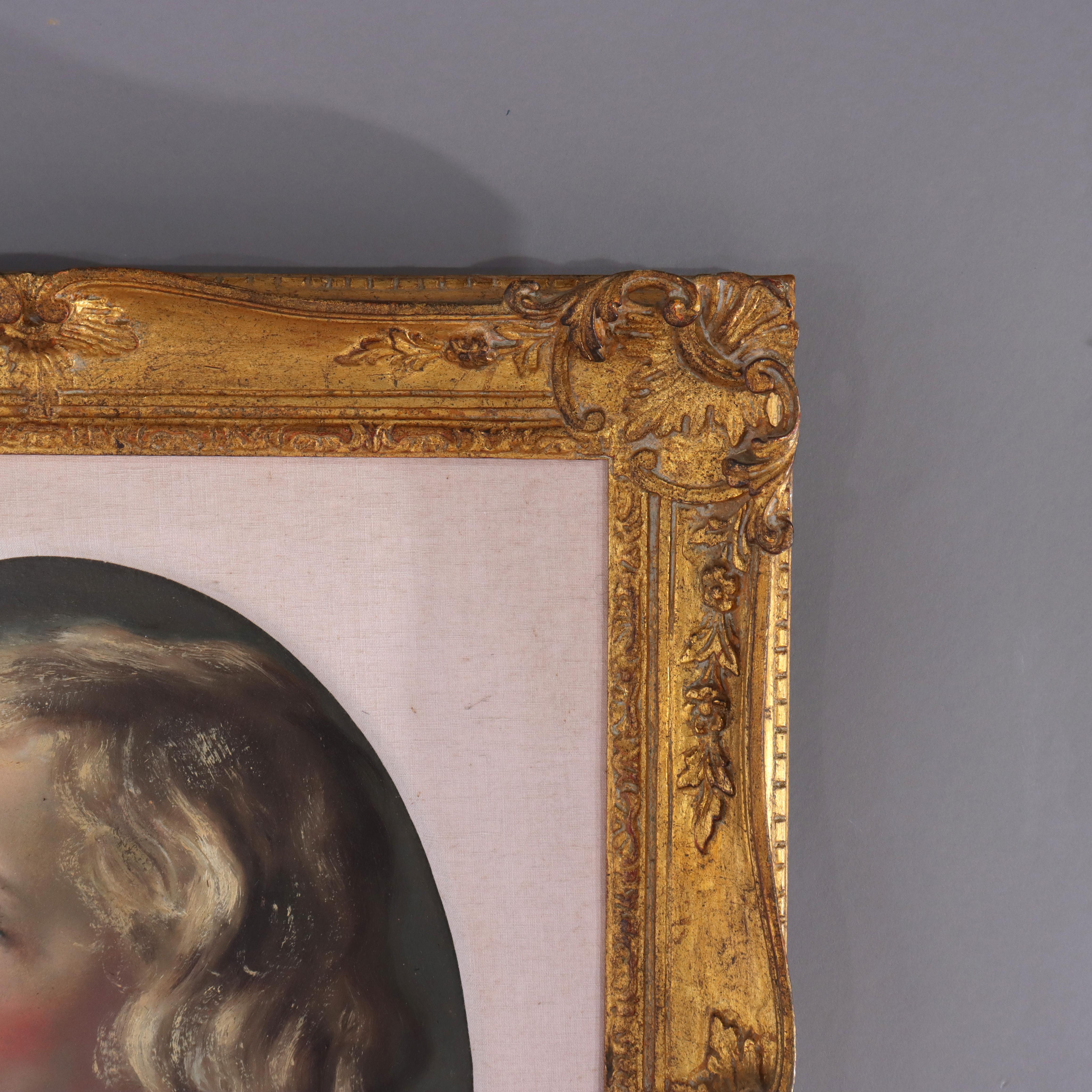 XIXe siècle Huile ancienne sur carton Portrait d'une jeune fille signé 19ème siècle en vente
