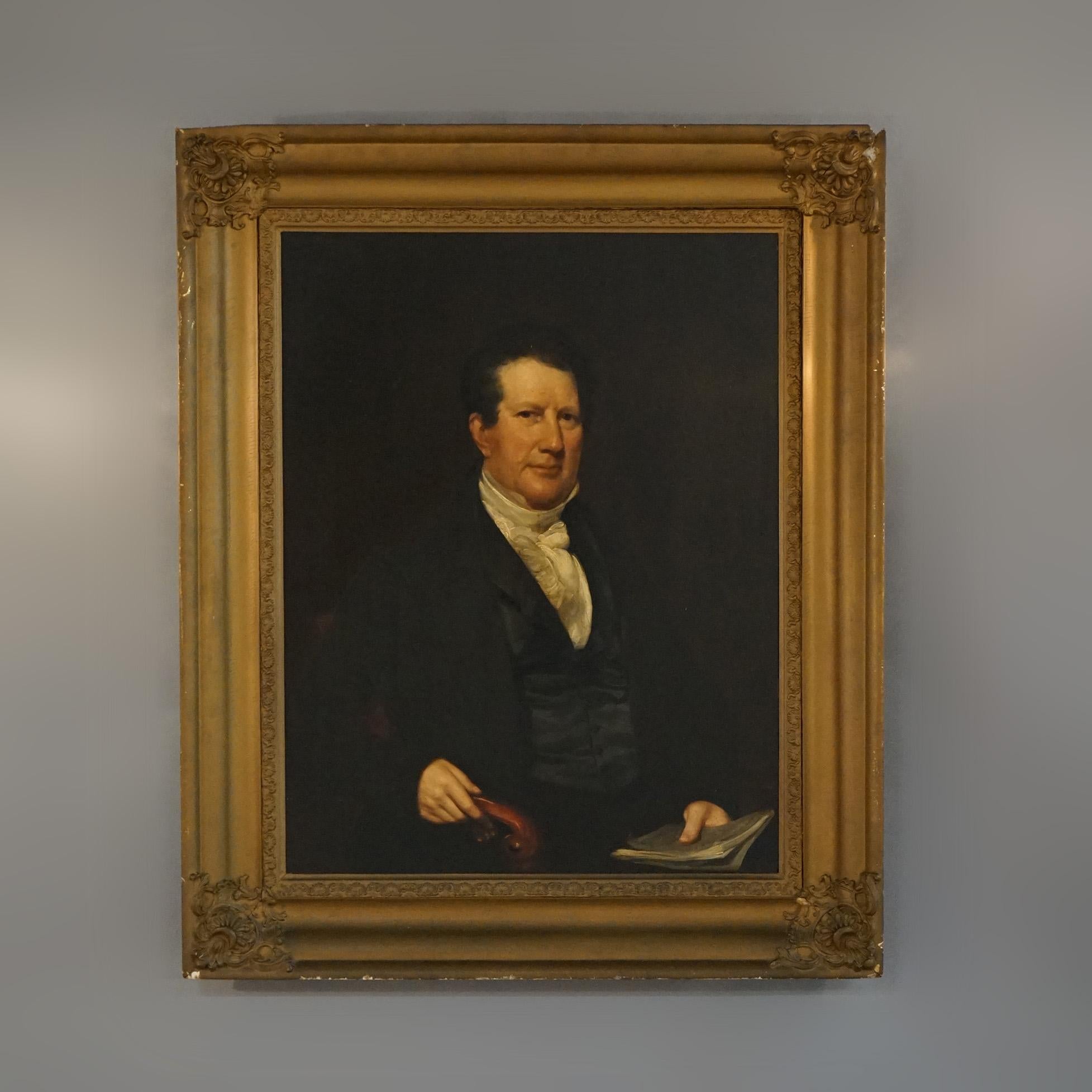 An antique painting offers oil on wood panel portrait of a man, artist singed, seated in giltwood frame, c1855

Measures - 47