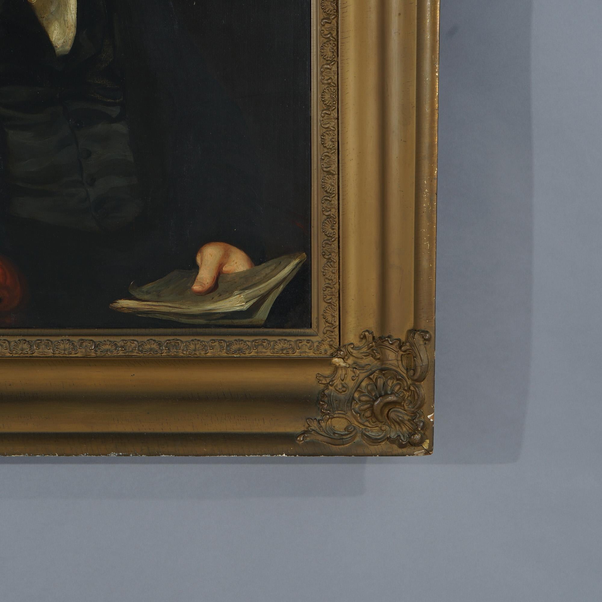 Hand-Painted Antique Oil on Board Portrait Painting of a Man, Artist Signed, C1855