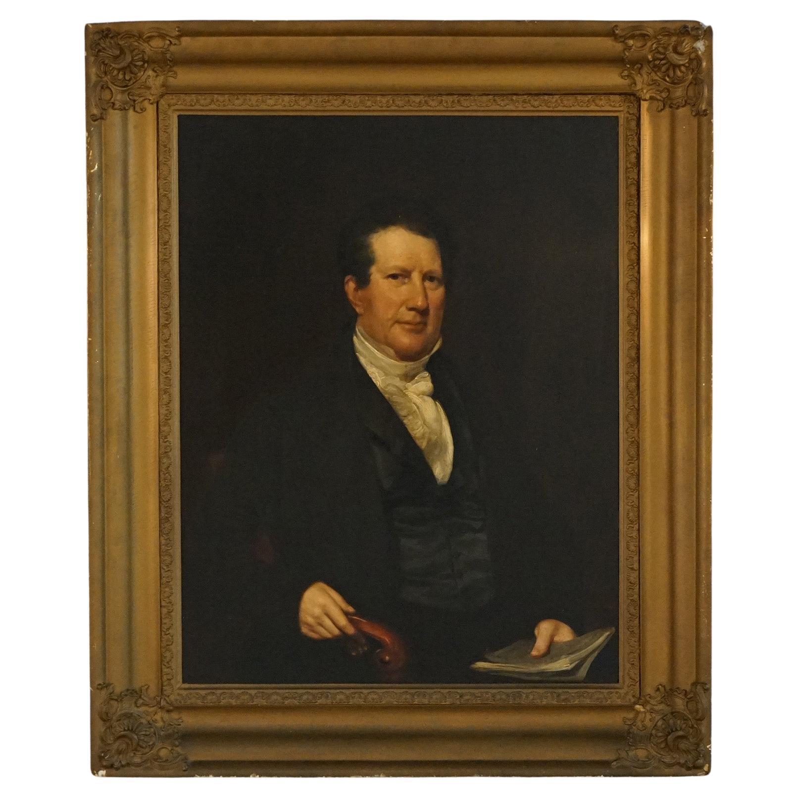 Antique Oil on Board Portrait Painting of a Man, Artist Signed, C1855 For Sale