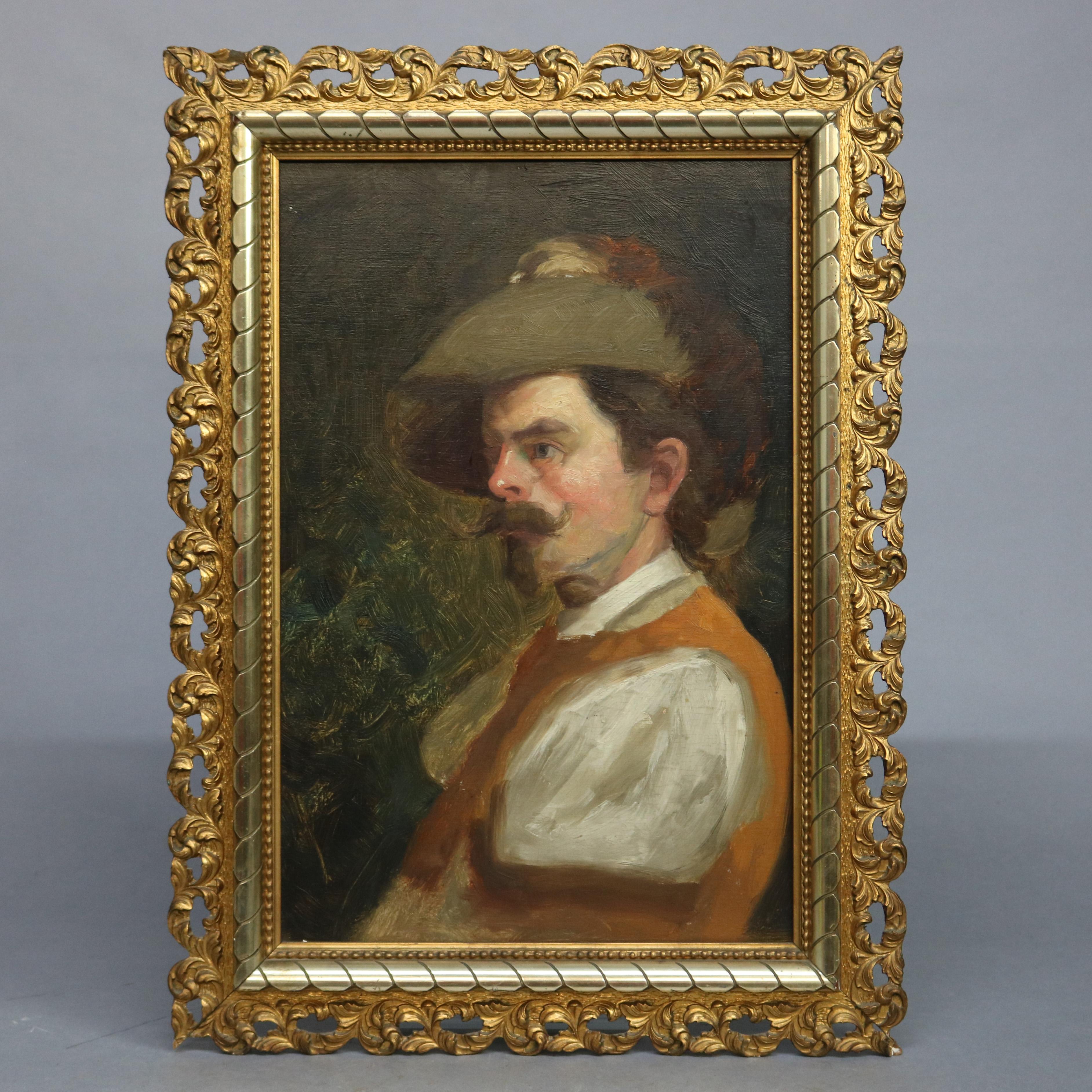 An antique painting offers oil on board portrait of a Musketeer, seated in reticulated foliate giltwood frame, en verso label and signed, c1890

Measures- overall 22.75'' H x 16.5'' W x 2'' D; sight 18'' x 12''.