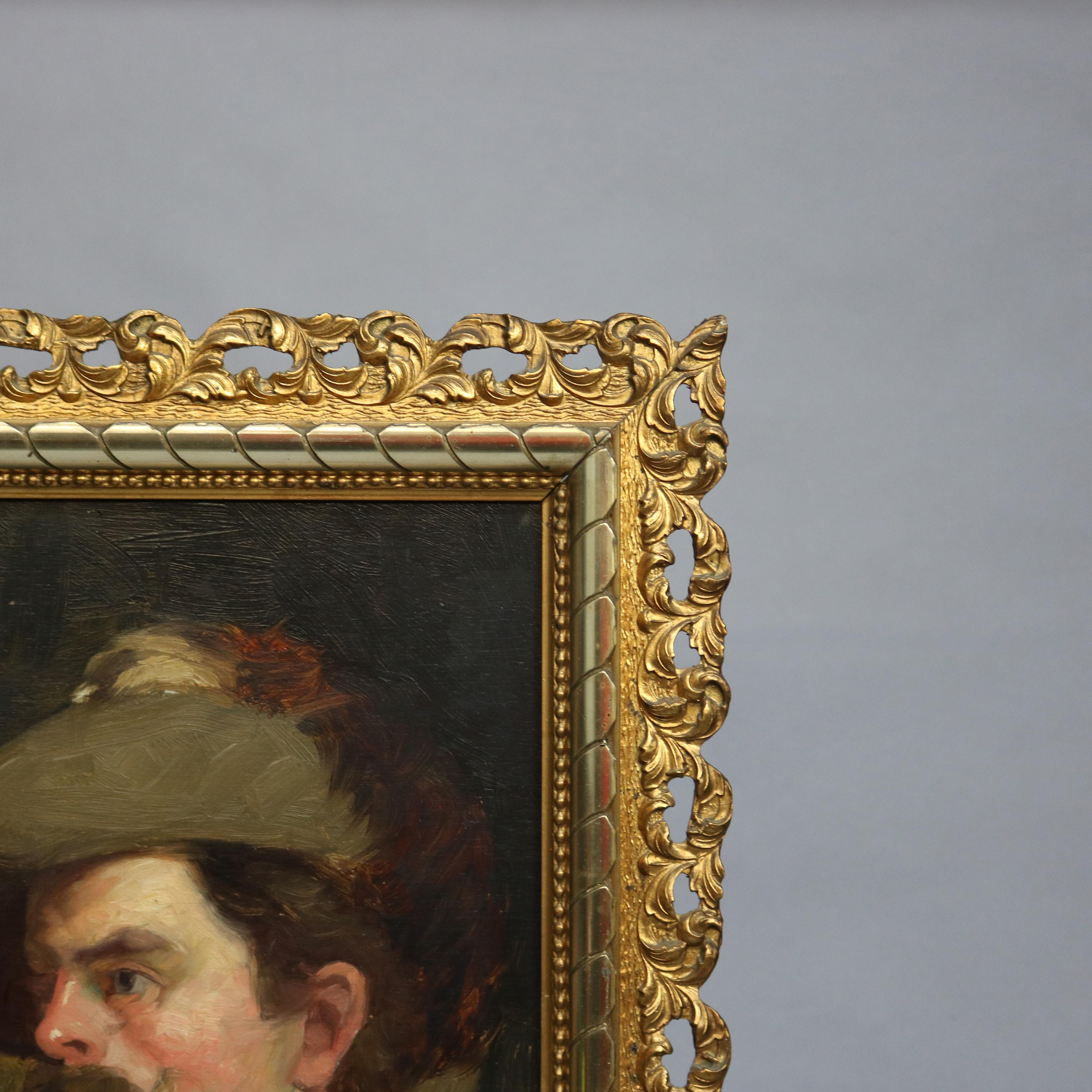 European Antique Oil on Board Portrait Painting of a Musketeer Circa 1890