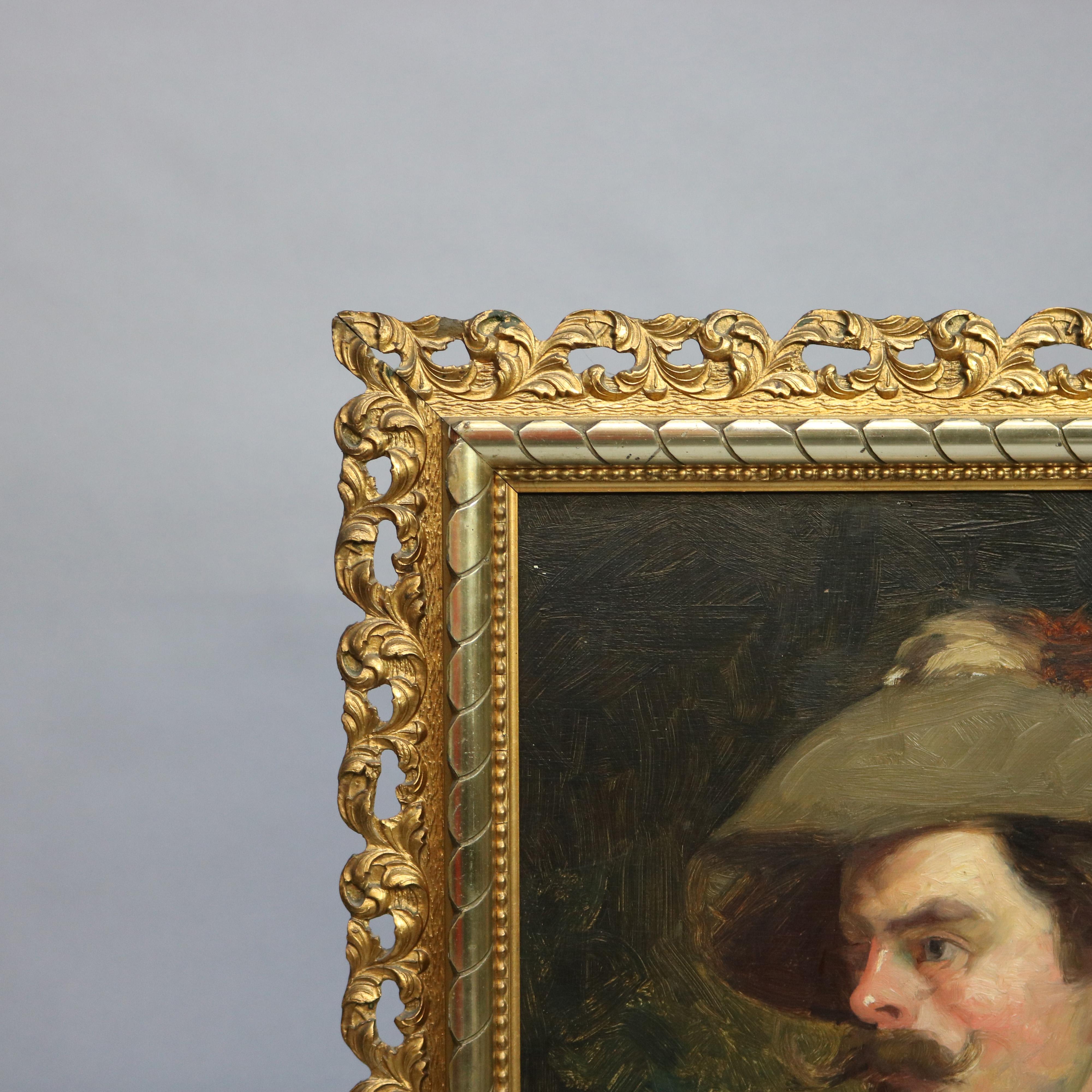 Hand-Painted Antique Oil on Board Portrait Painting of a Musketeer Circa 1890
