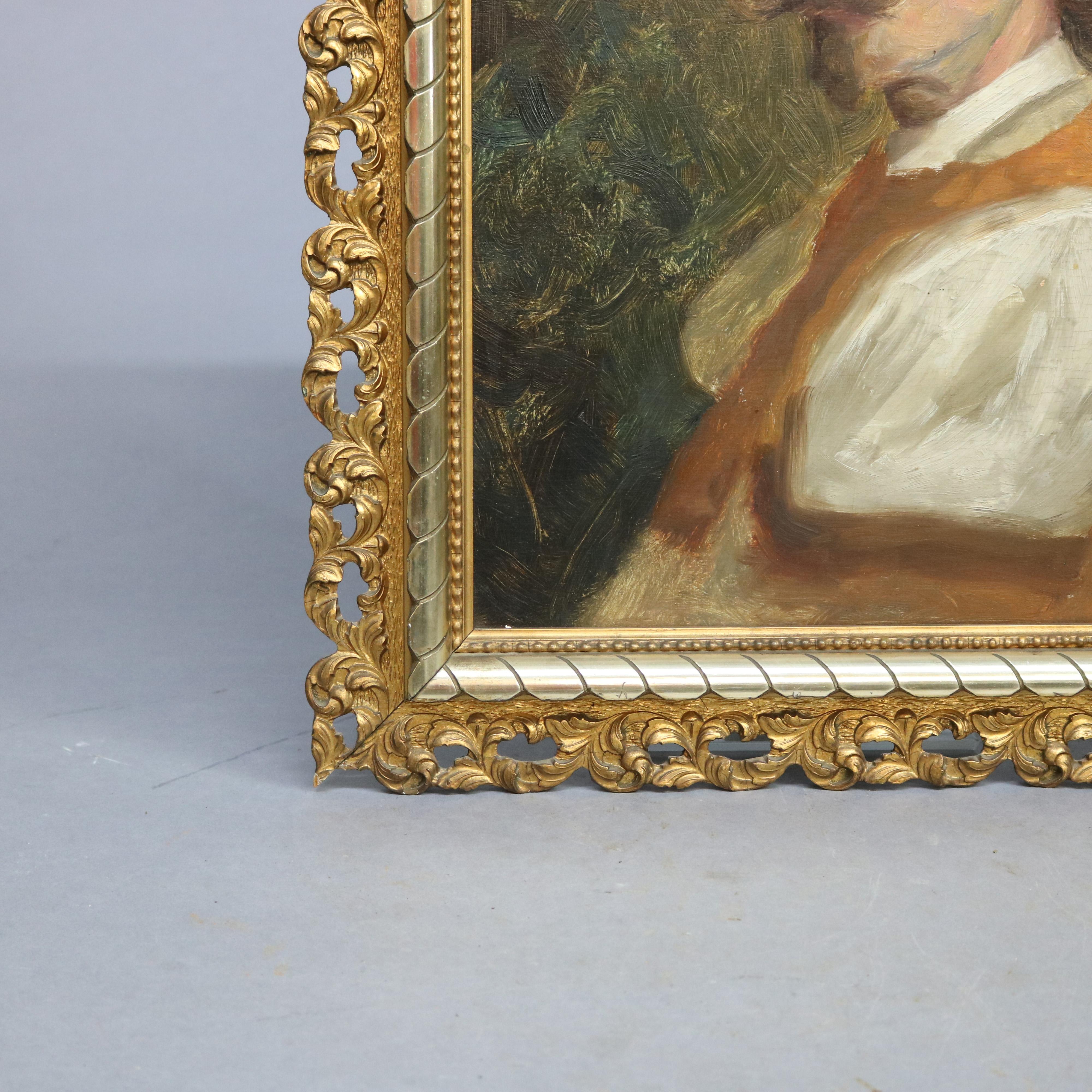Wood Antique Oil on Board Portrait Painting of a Musketeer Circa 1890