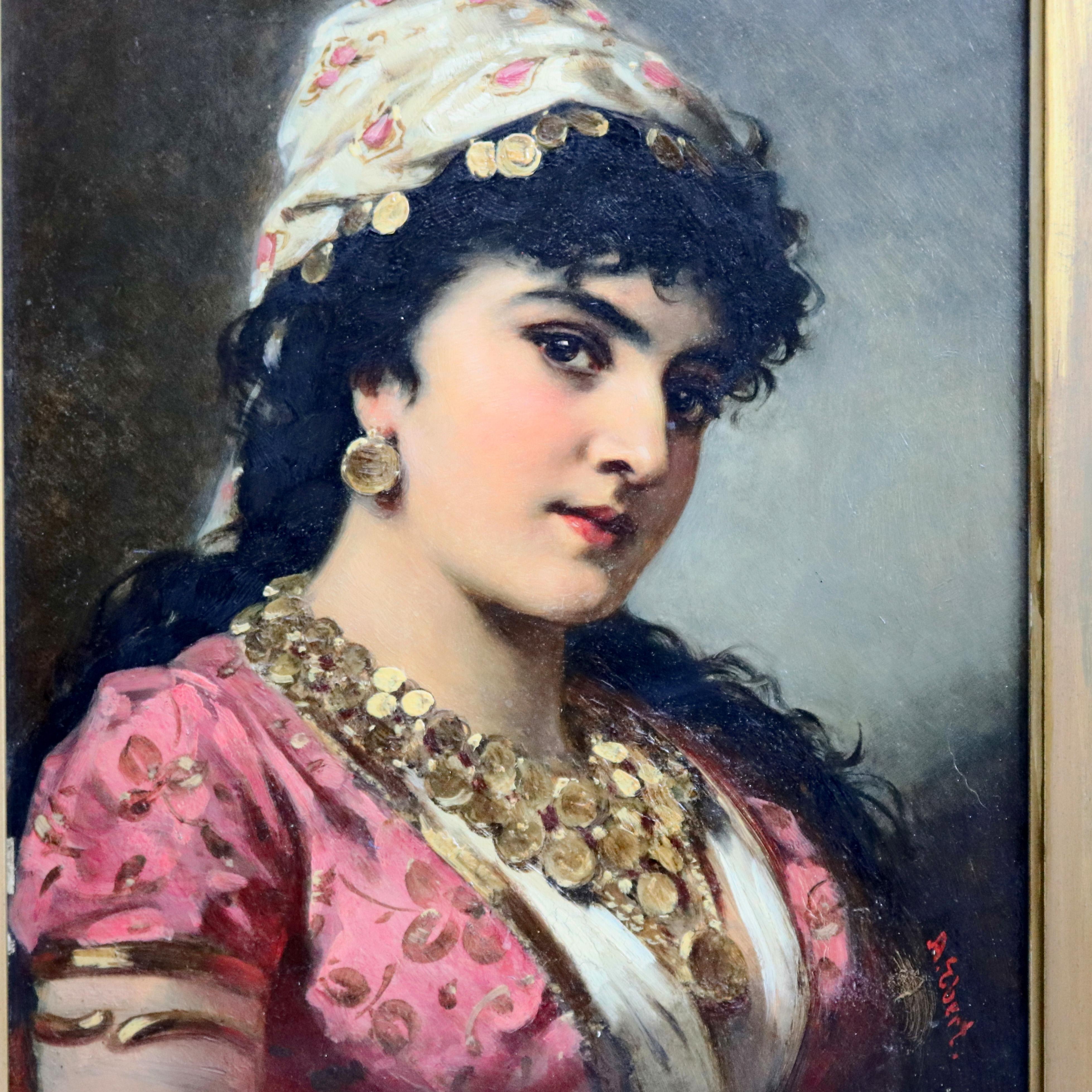 An oil on board painting by listed artist Anton Ebert depicts portrait of a young woman Artist-signed lower right and seated in foliate carved giltwood frame, circa 1890

Measures - 25.5