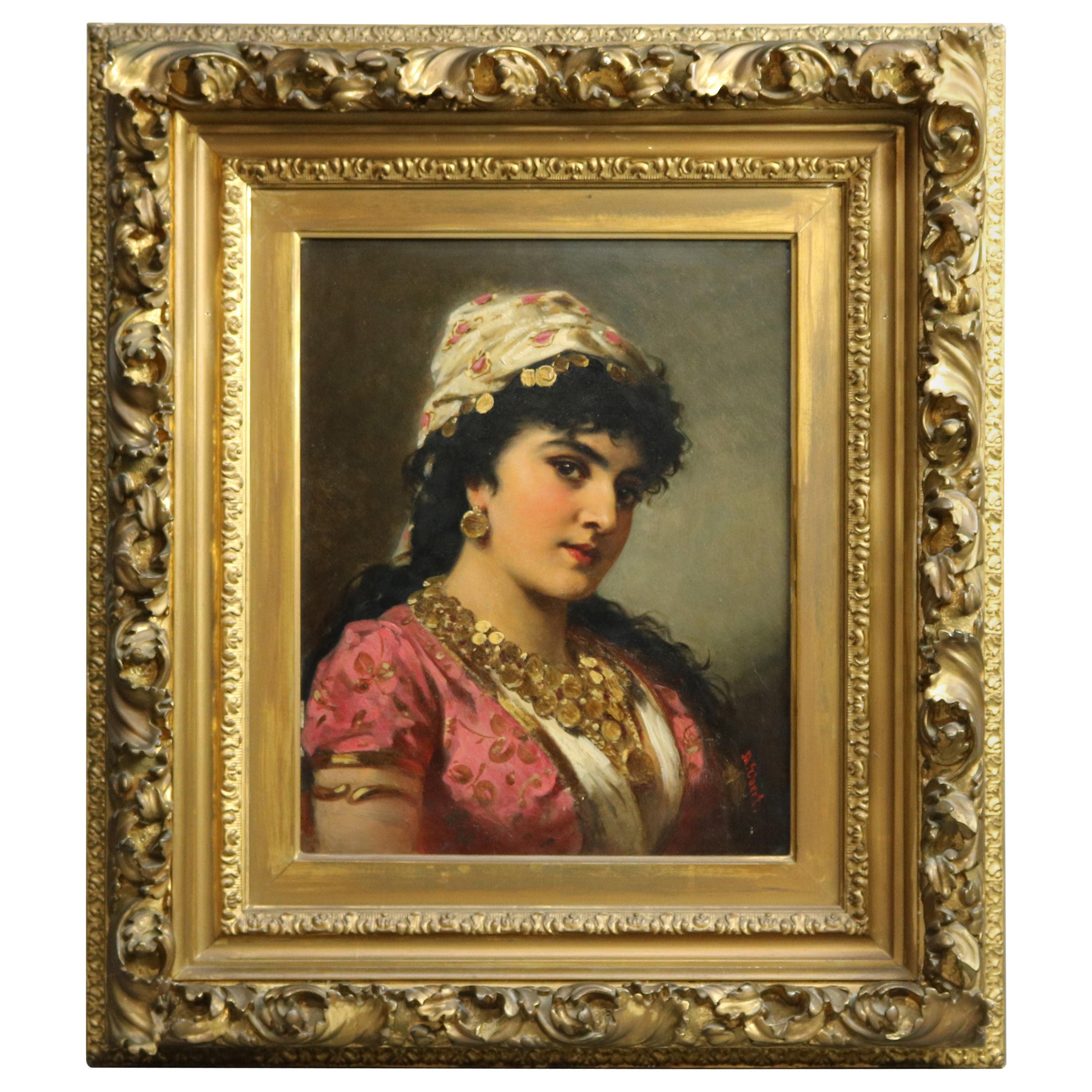 Antique Oil on Board Portrait Painting of a Young Woman by Anton Ebert