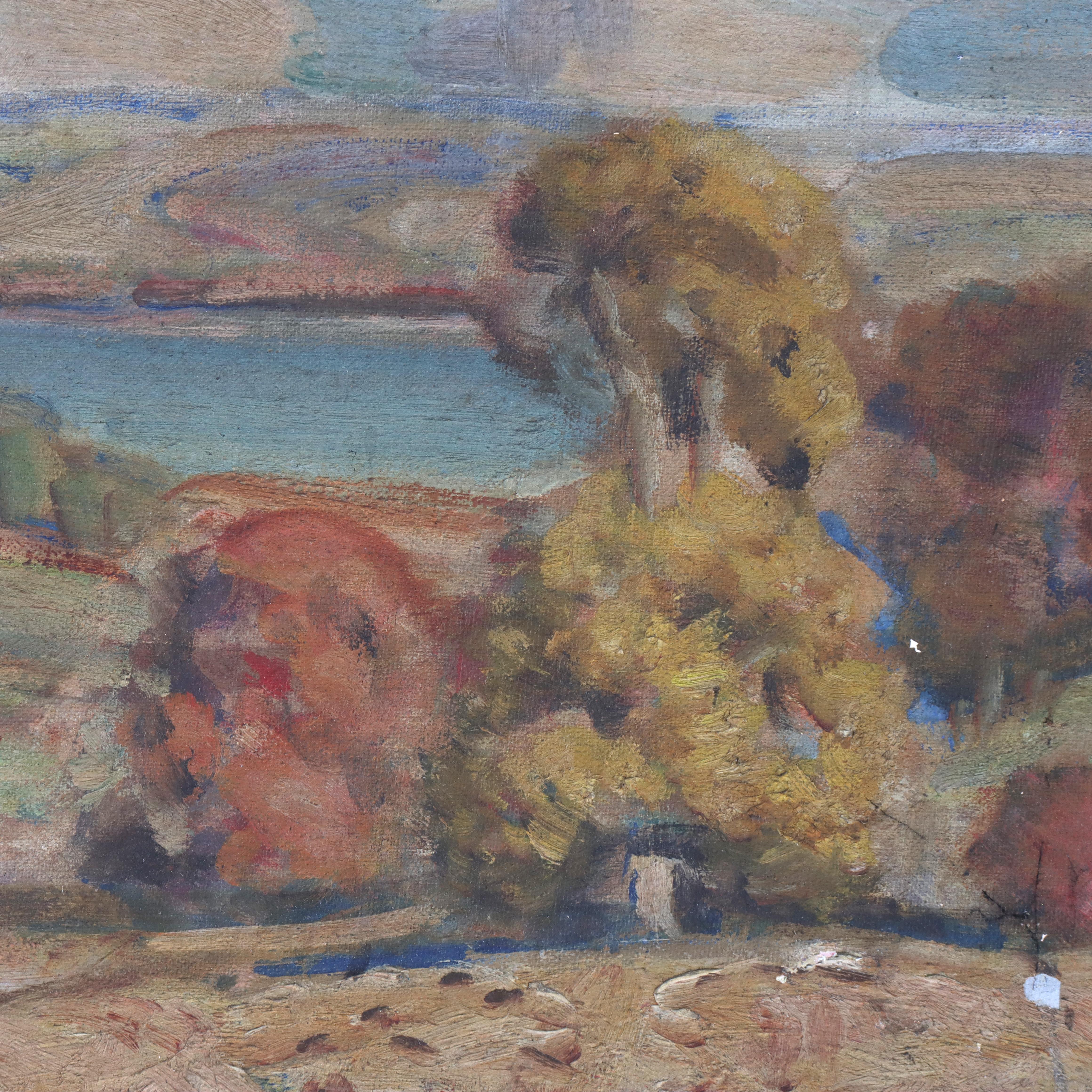 20th Century Antique Oil On Board Scenic NY Finger Lakes Fall Landscape By FA Barney 20thC For Sale
