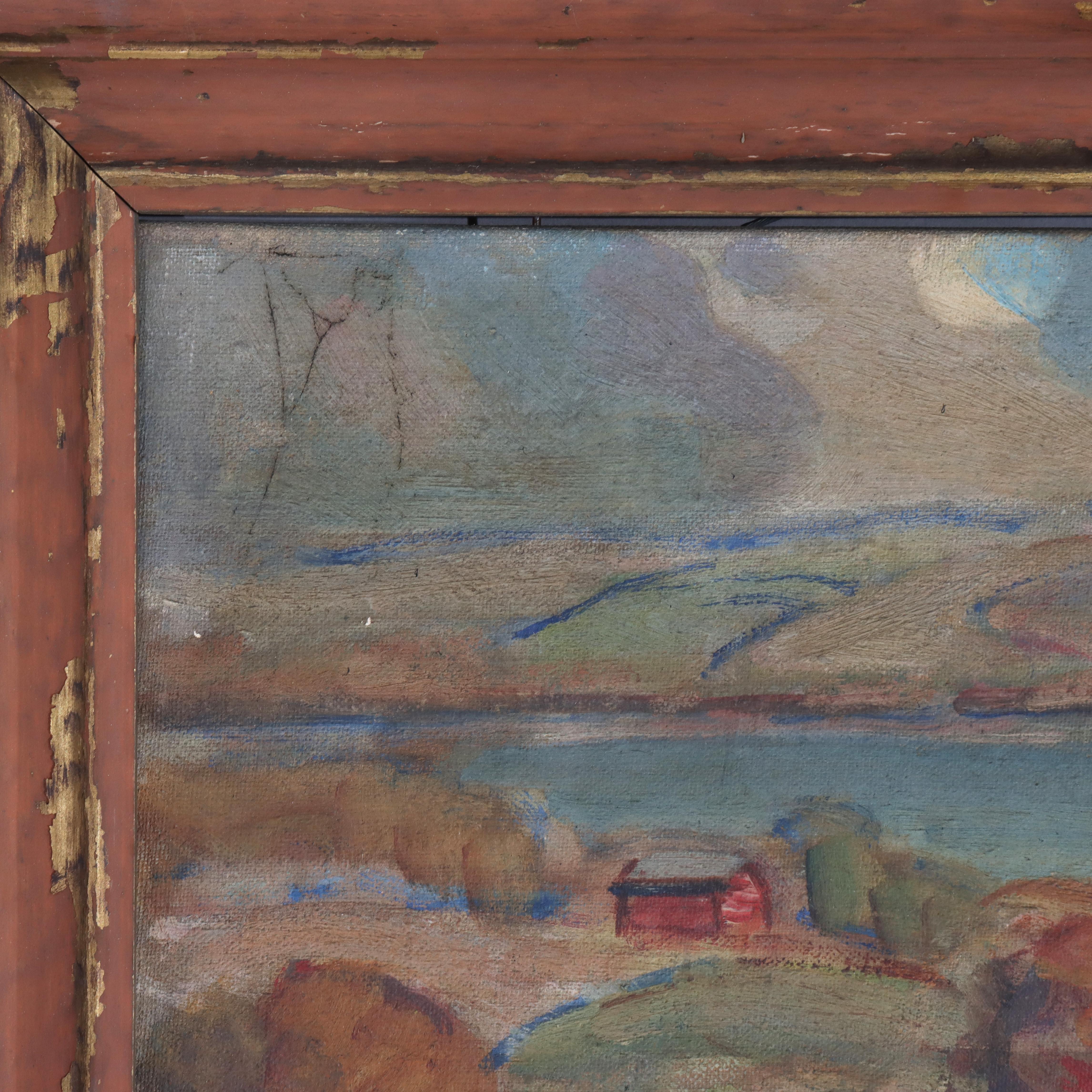 Antique Oil On Board Scenic NY Finger Lakes Fall Landscape By FA Barney 20thC For Sale 4