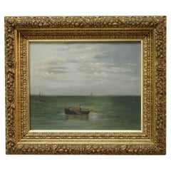 Antique Oil on Board Seascape Painting with Boat 
Fishermen, circa 1890
