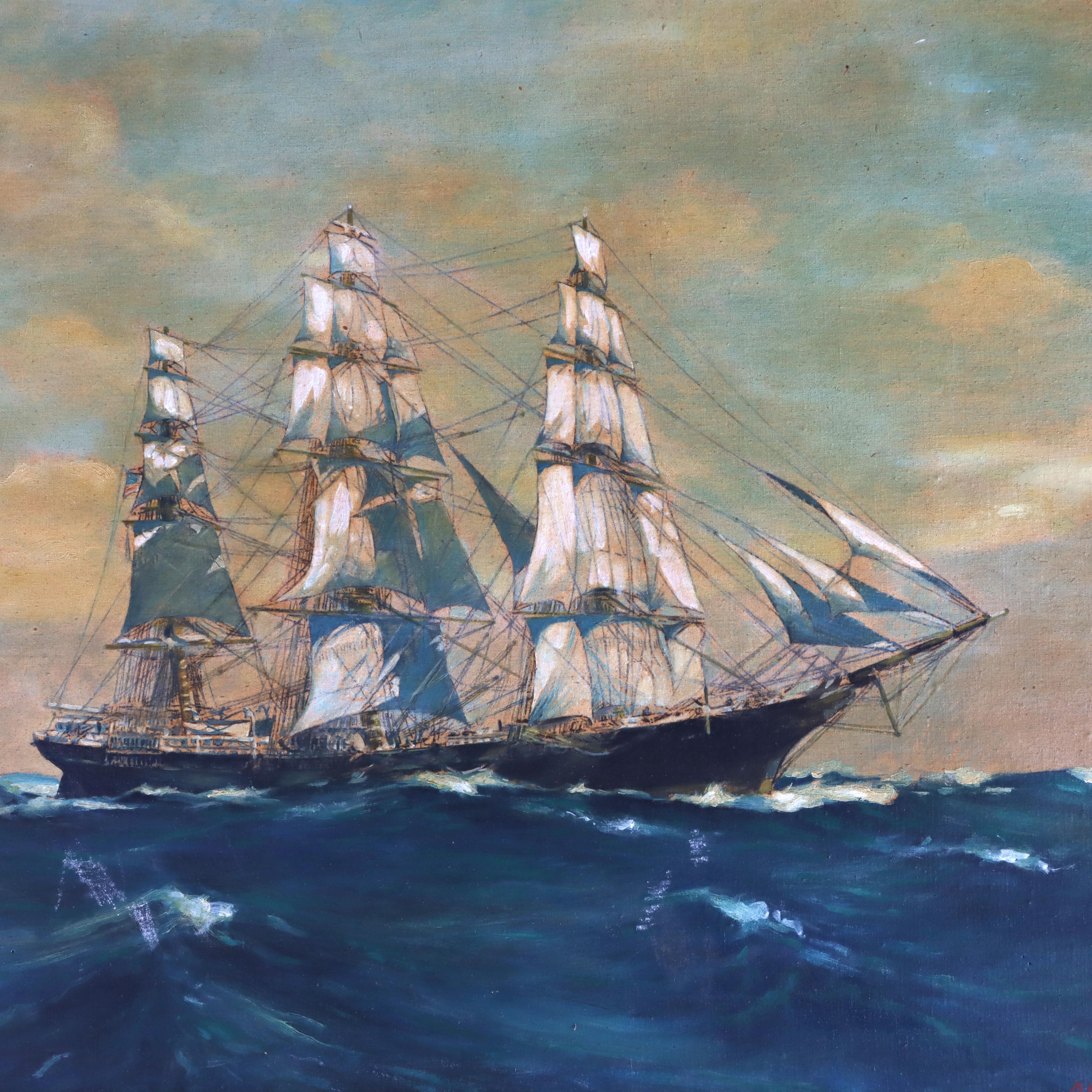 Pintura antigua al óleo sobre tabla de un paisaje marino con un clíper, firmada por el artista, C1930.   
25