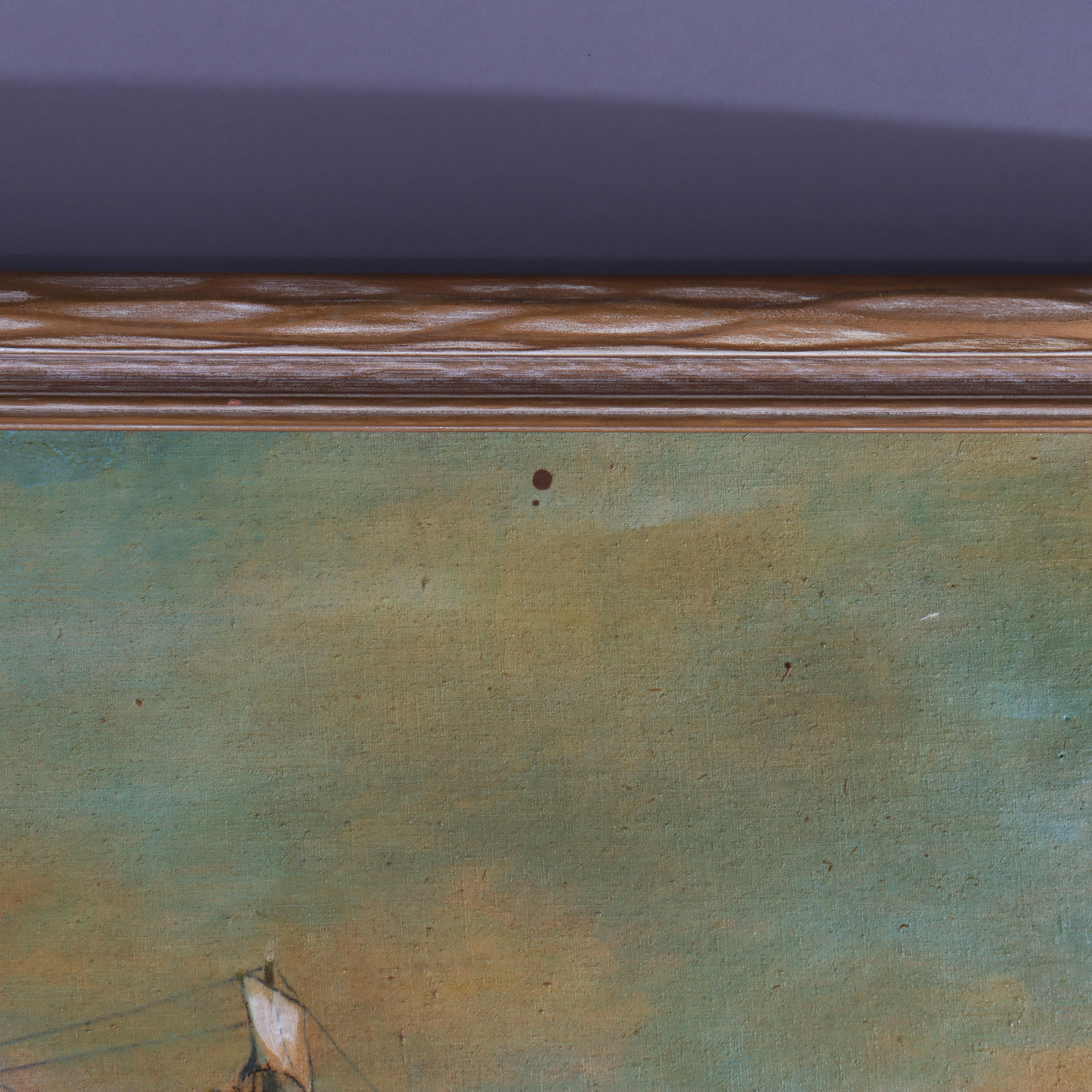Pintura antigua al óleo sobre tabla con un clíper, firmada por el artista, C1930 en Bueno Estado en Big Flats, NY
