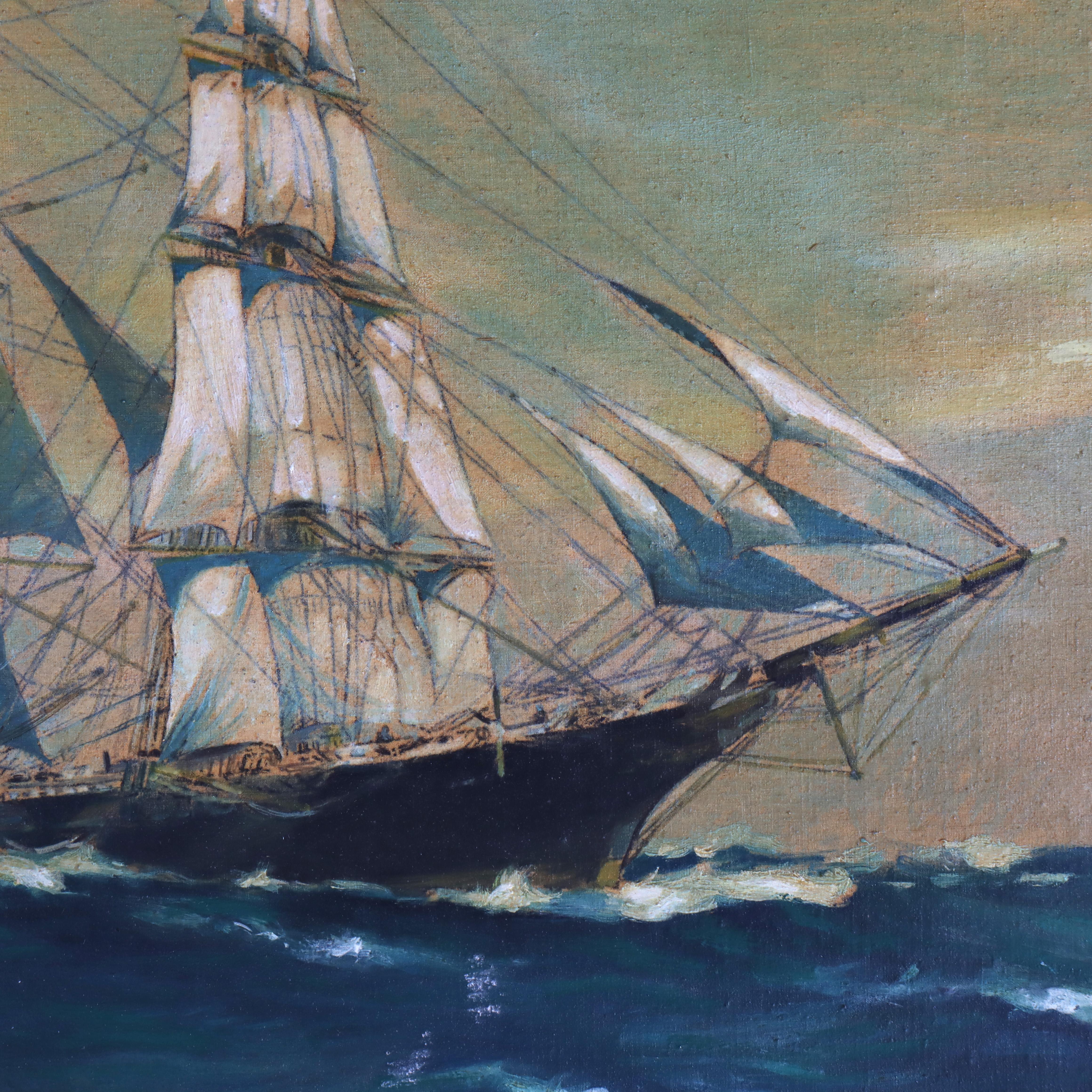 Pintura antigua al óleo sobre tabla con un clíper, firmada por el artista, C1930 siglo XX