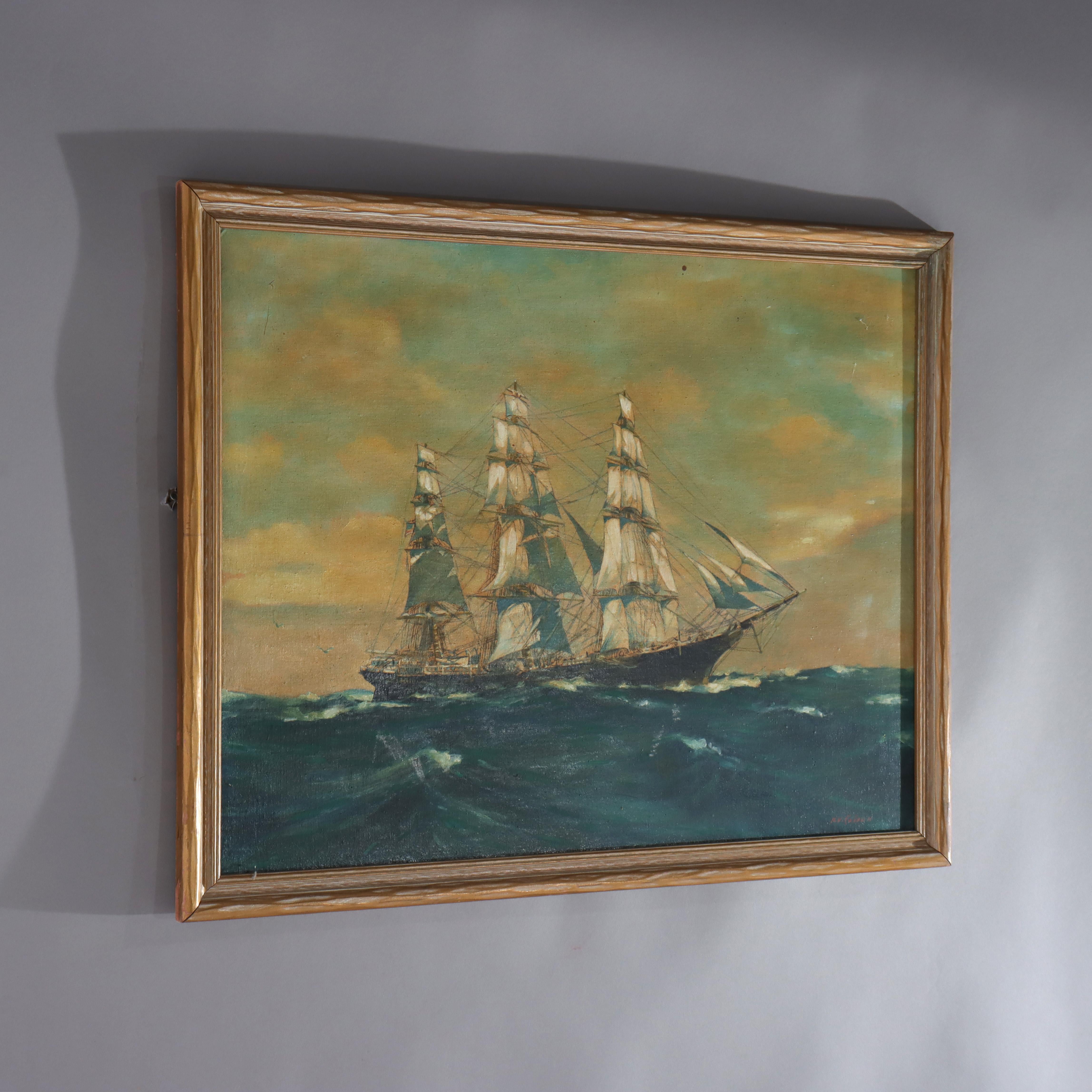 Pintura antigua al óleo sobre tabla con un clíper, firmada por el artista, C1930 Madera