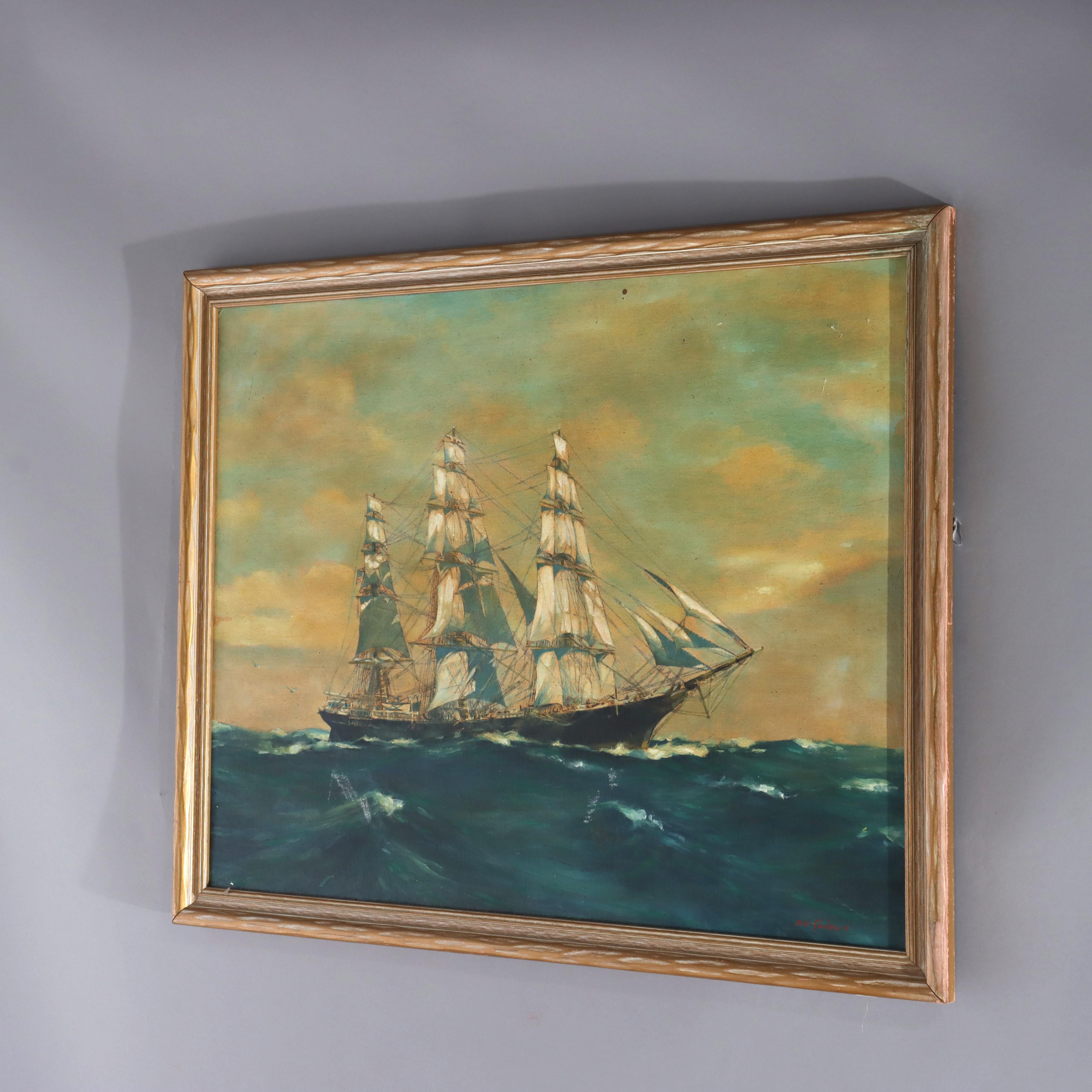 Pintura antigua al óleo sobre tabla con un clíper, firmada por el artista, C1930 1