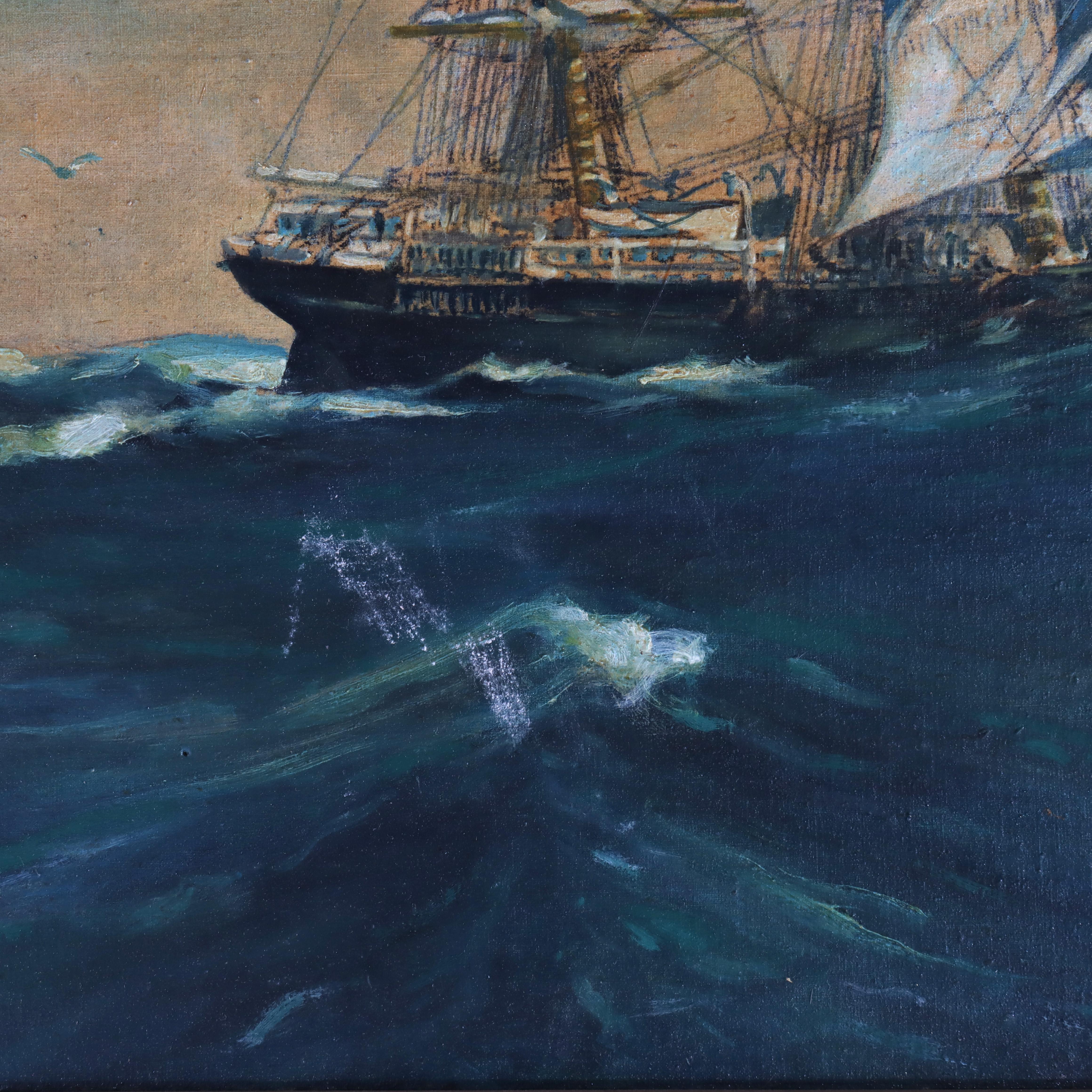 Pintura antigua al óleo sobre tabla con un clíper, firmada por el artista, C1930 2