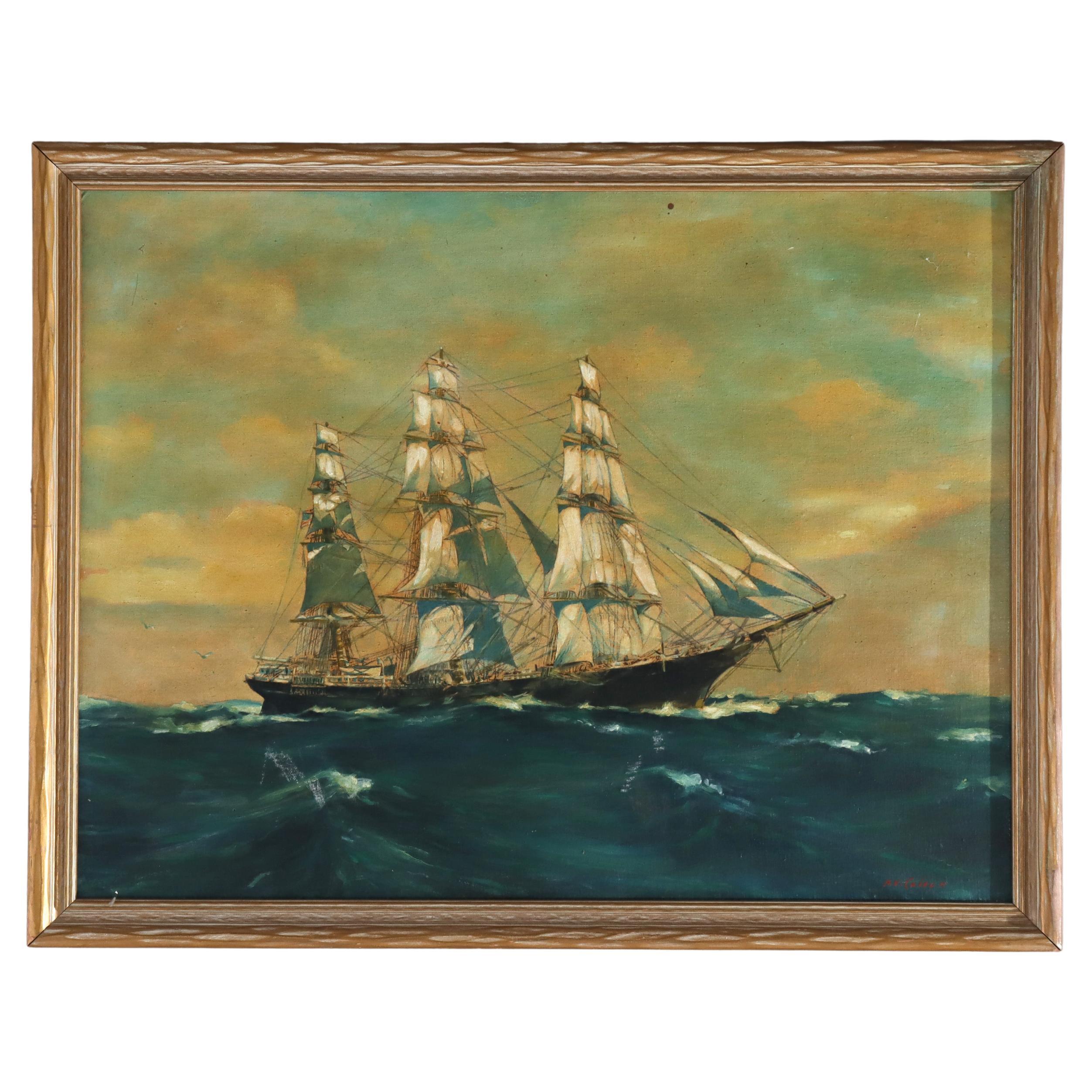 Antique Oil on Board Seascape Painting with Clipper Ship, Artist Signed, C1930