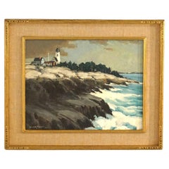 Antique Oil on Board Seascape Painting with Lighthouse Signed by Walter Farndon