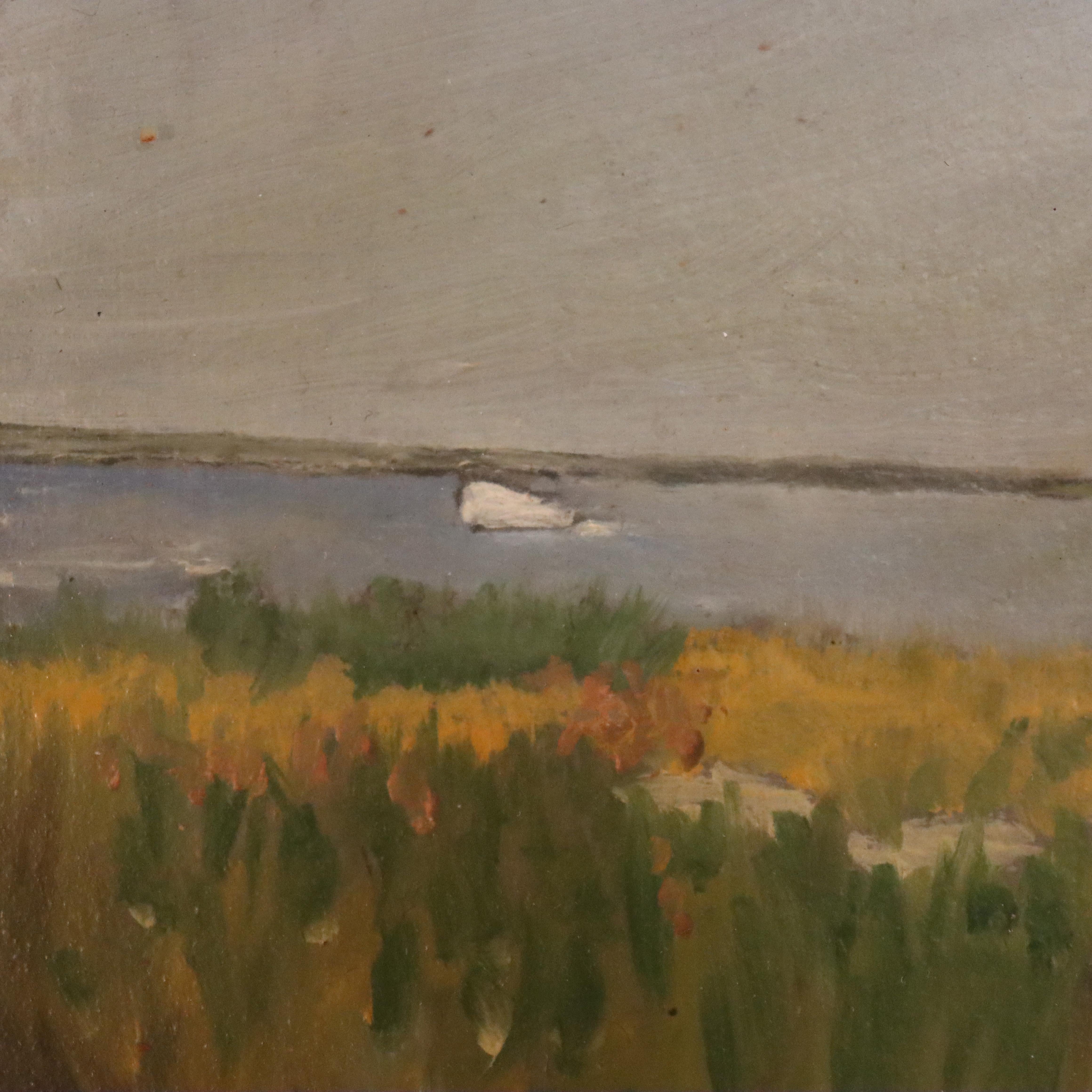 Antike Öl auf Brett Seelandschaft unsigniert C1930 im Zustand „Gut“ im Angebot in Big Flats, NY