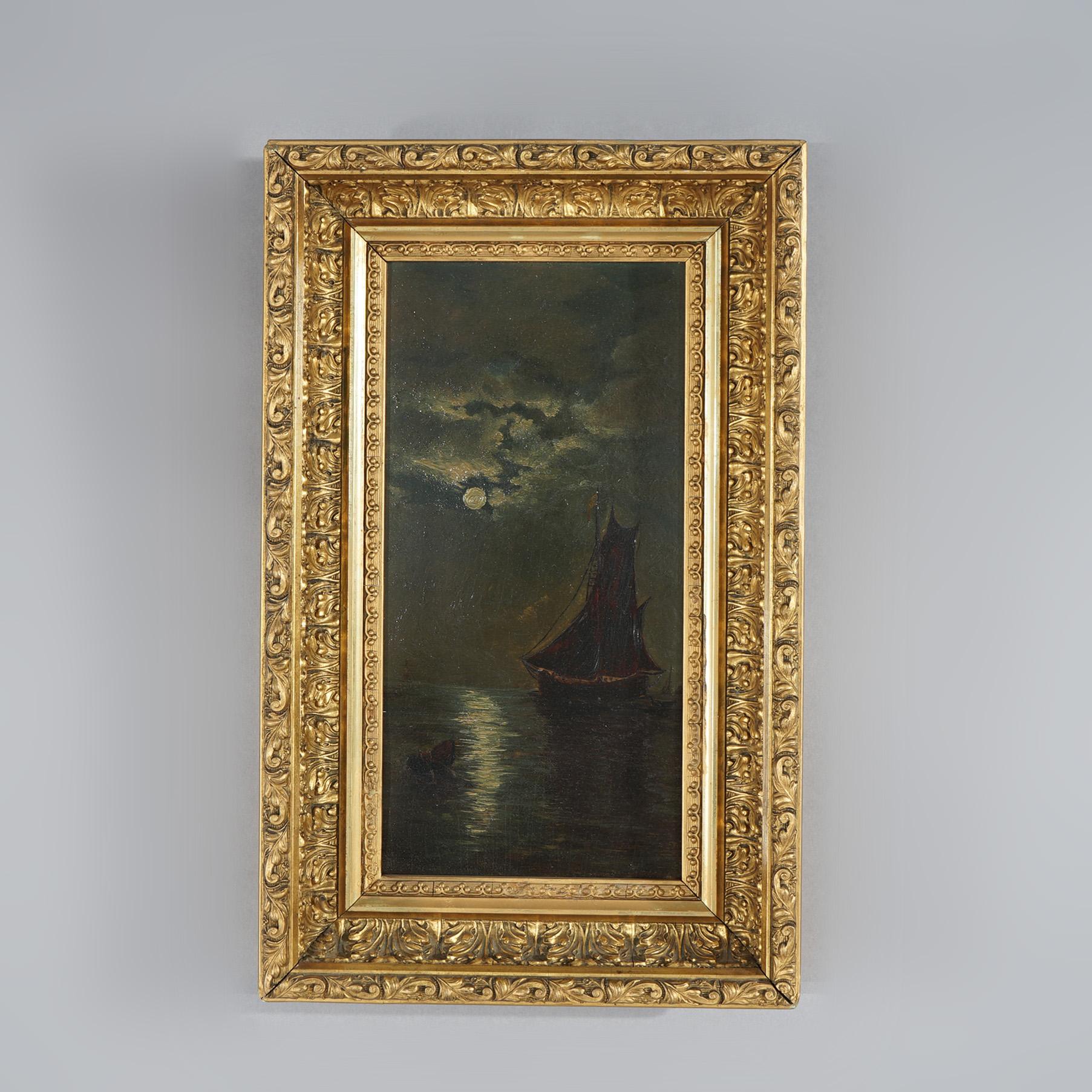 An antique seascape painting offers oil on board sailing ship on moonlit calm seas, 19th century

Measures - 16