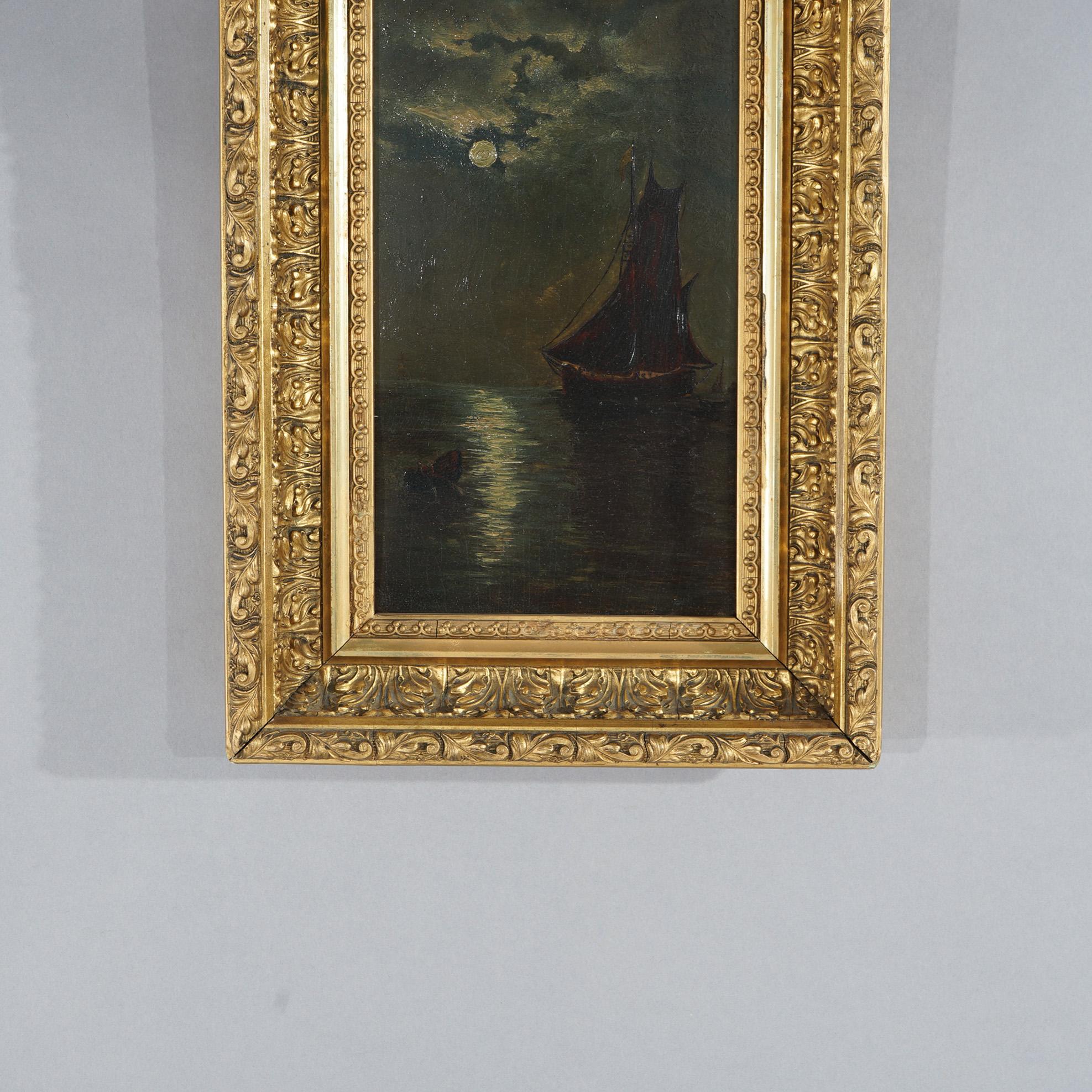 19th Century Antique Oil On Board Seascape with Ship