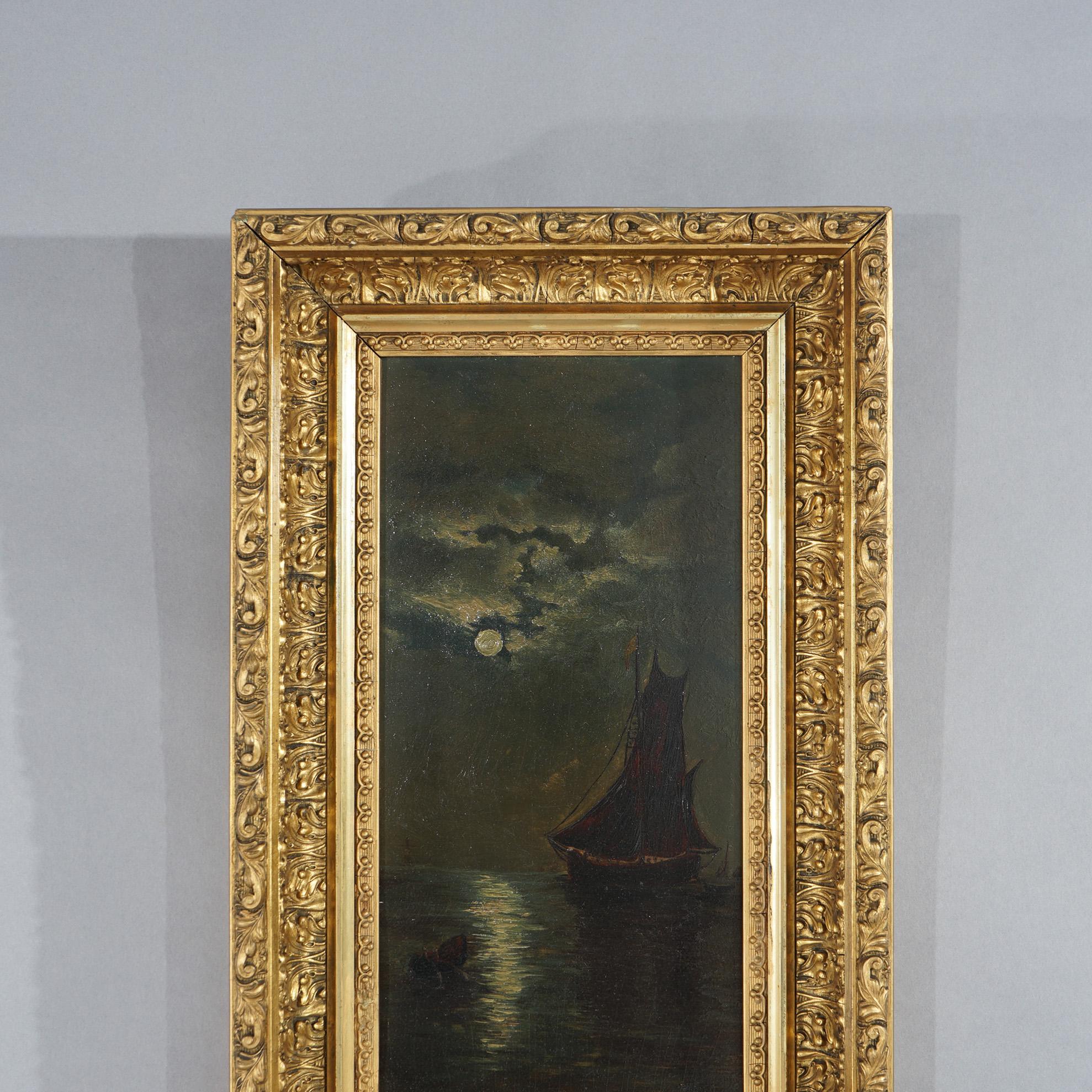 Giltwood Antique Oil On Board Seascape with Ship