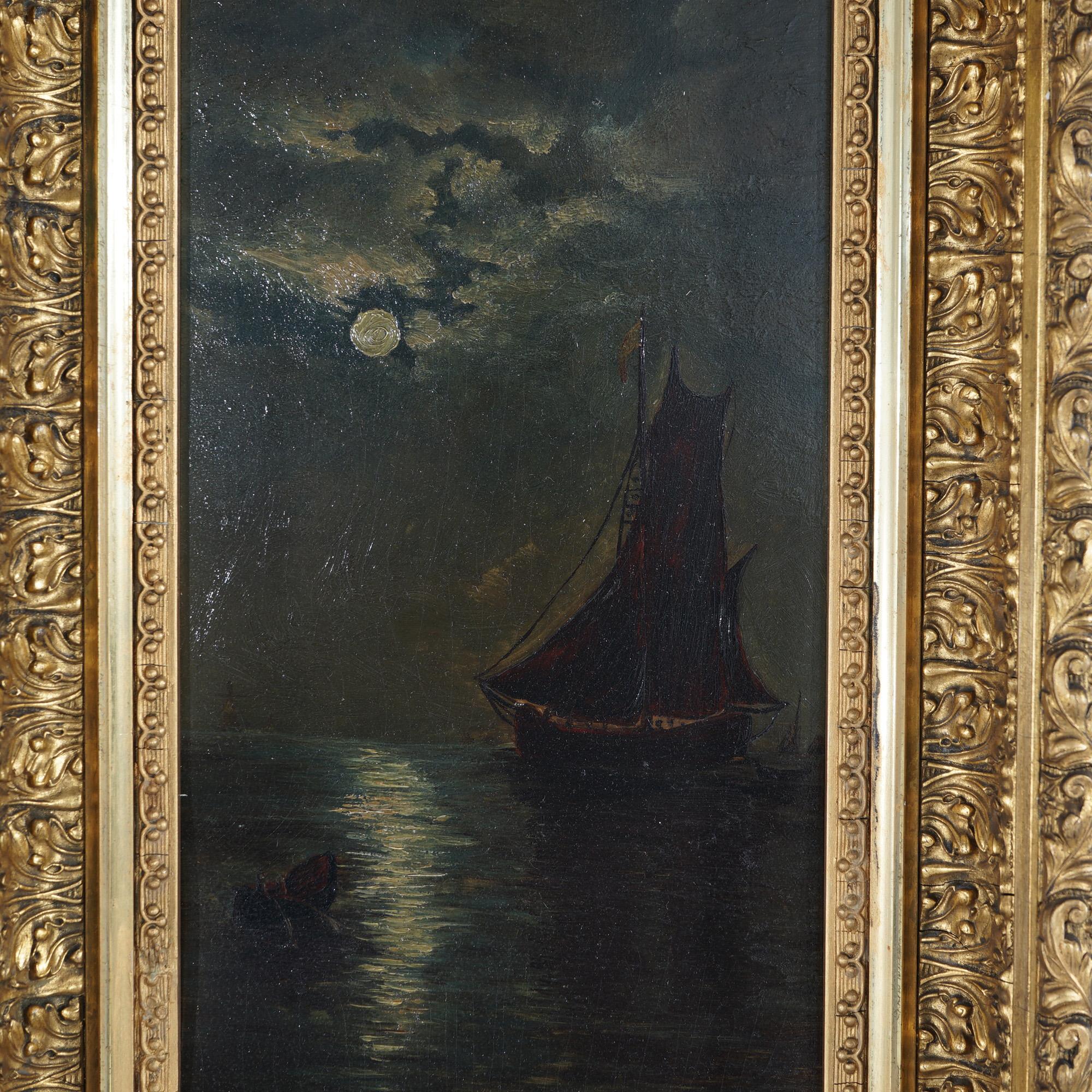 Antique Oil On Board Seascape with Ship 1