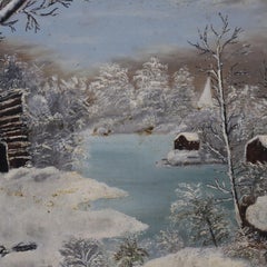 Antique Oil On Board Winter Landscape In First Finish Frame c1870