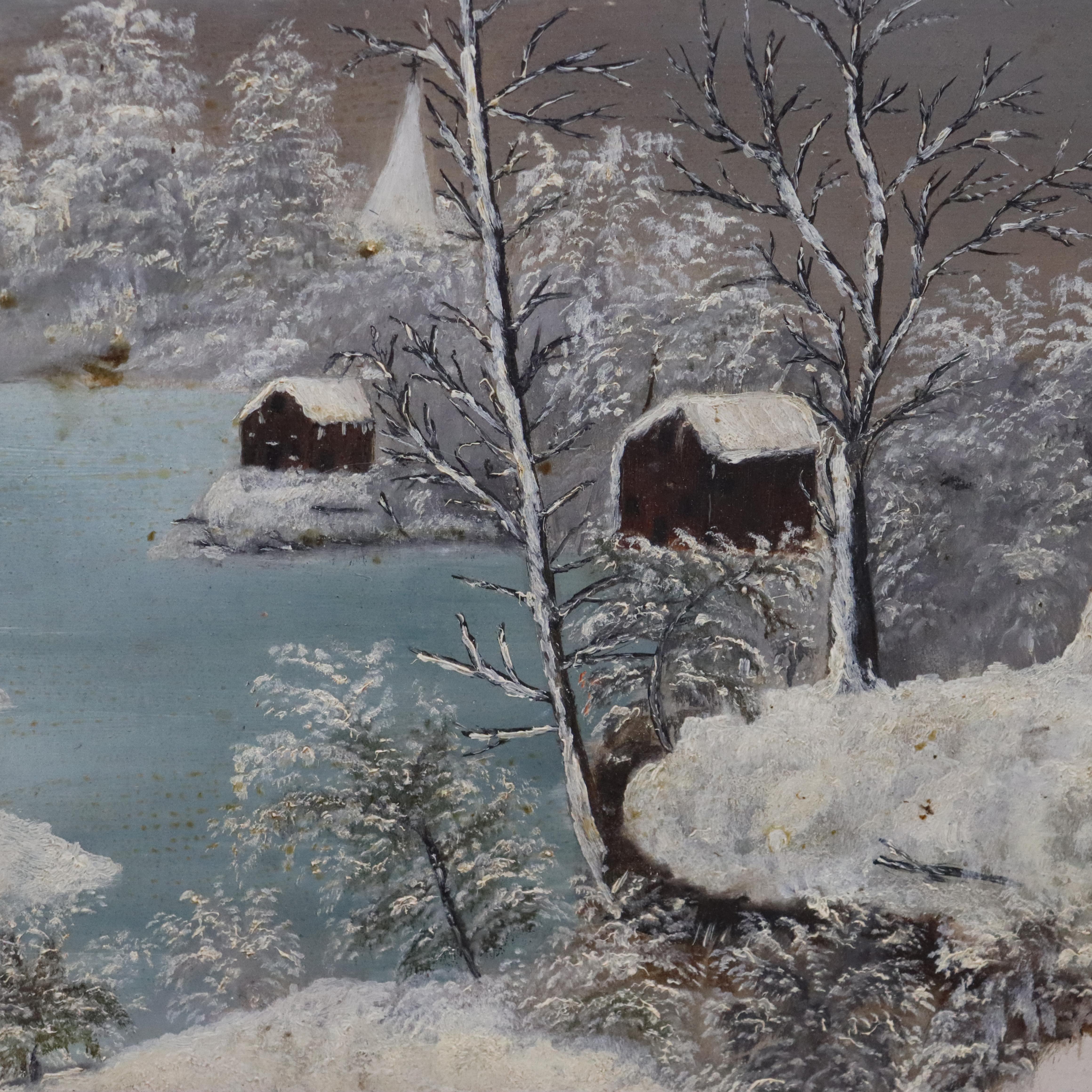 Antique Oil On Board Winter Landscape In First Finish Frame c1870 im Zustand „Gut“ im Angebot in Big Flats, NY