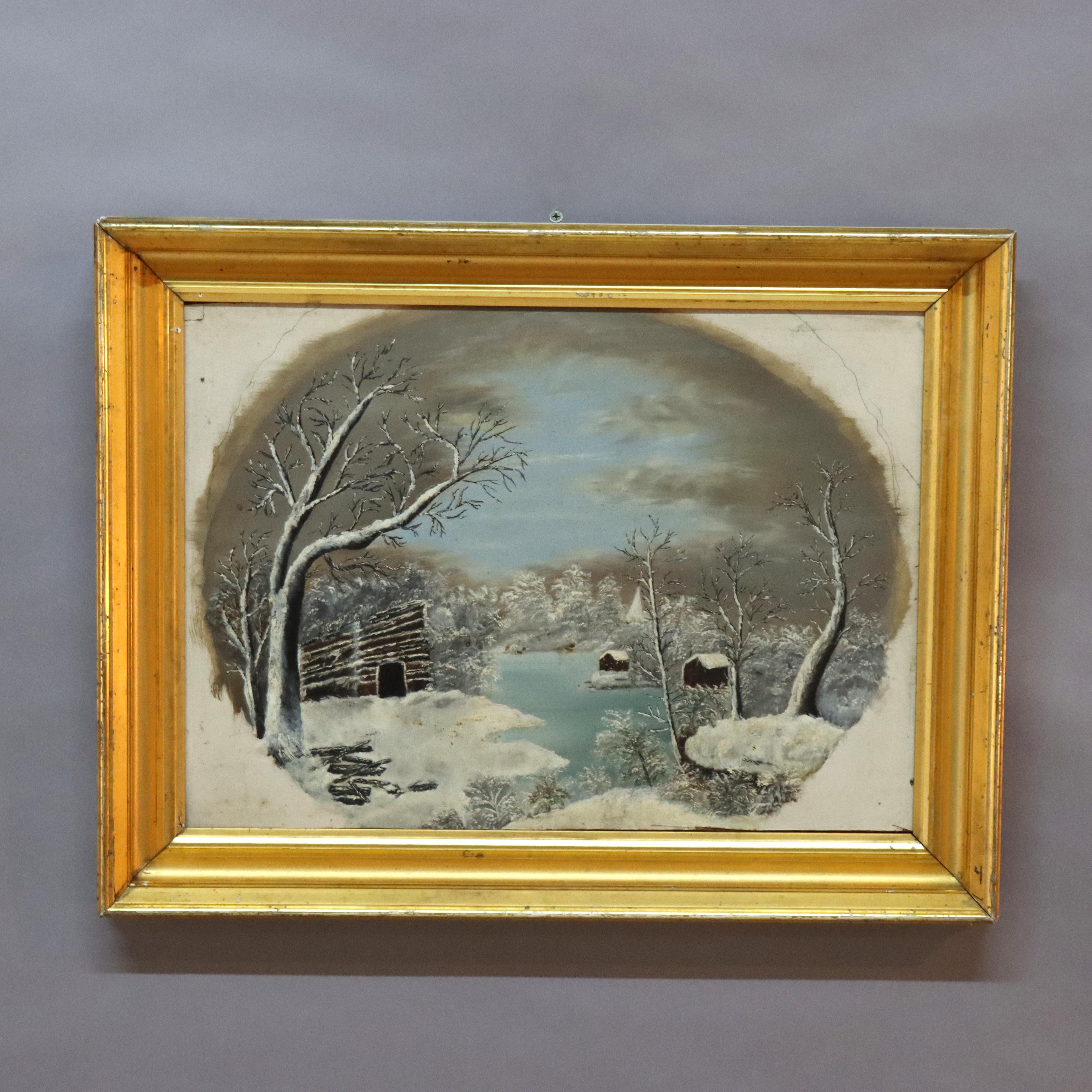 Antique Oil On Board Winter Landscape In First Finish Frame c1870 (Vergoldetes Holz) im Angebot