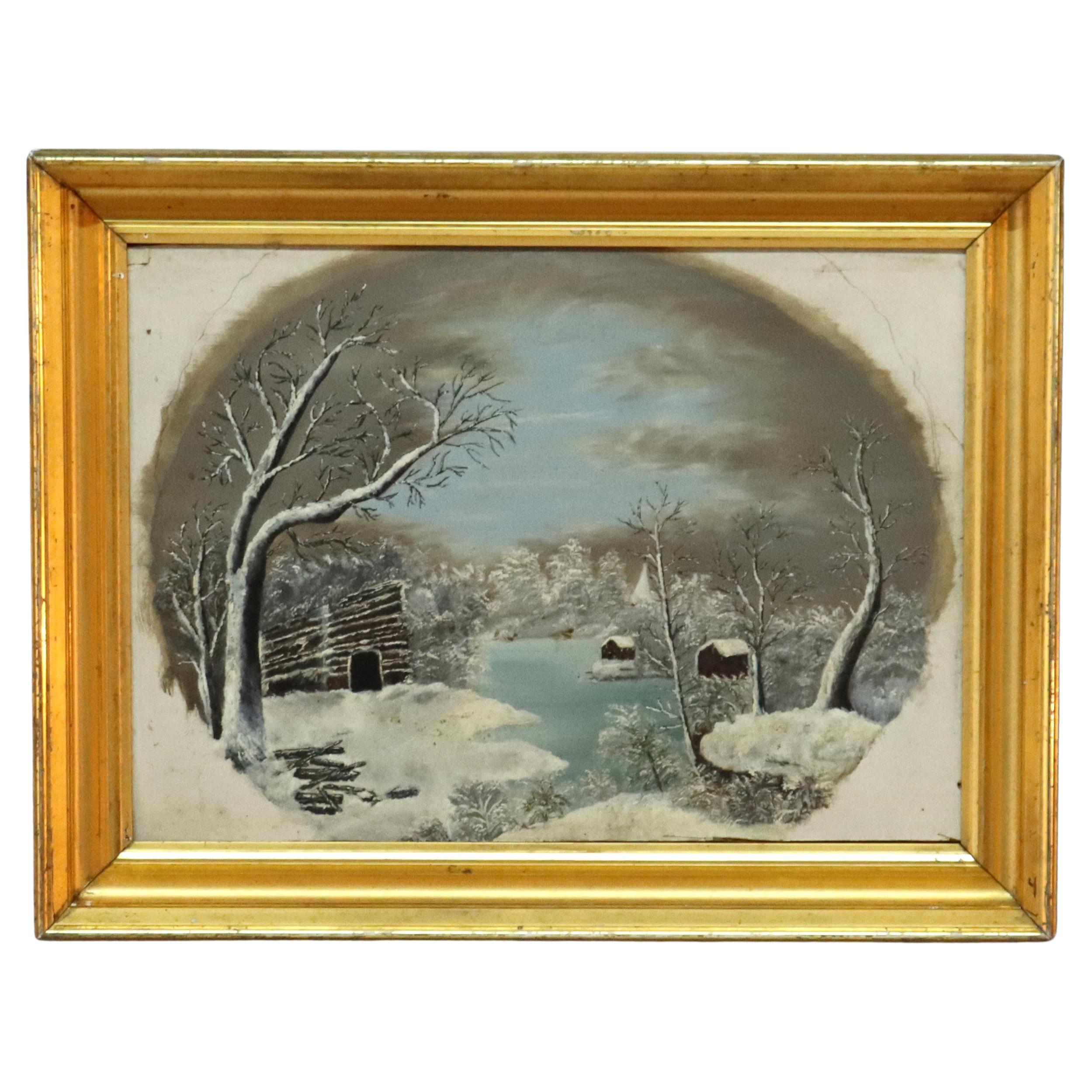 Antique Oil On Board Winter Landscape In First Finish Frame c1870