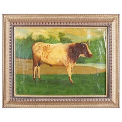 Antique Oil on Canvas Bovine Portrait Painting of Bull in Pasture, 19th Century Antique Oil on Canvas Bovine Portrait Painting of Bull in Pasture, 19th Century