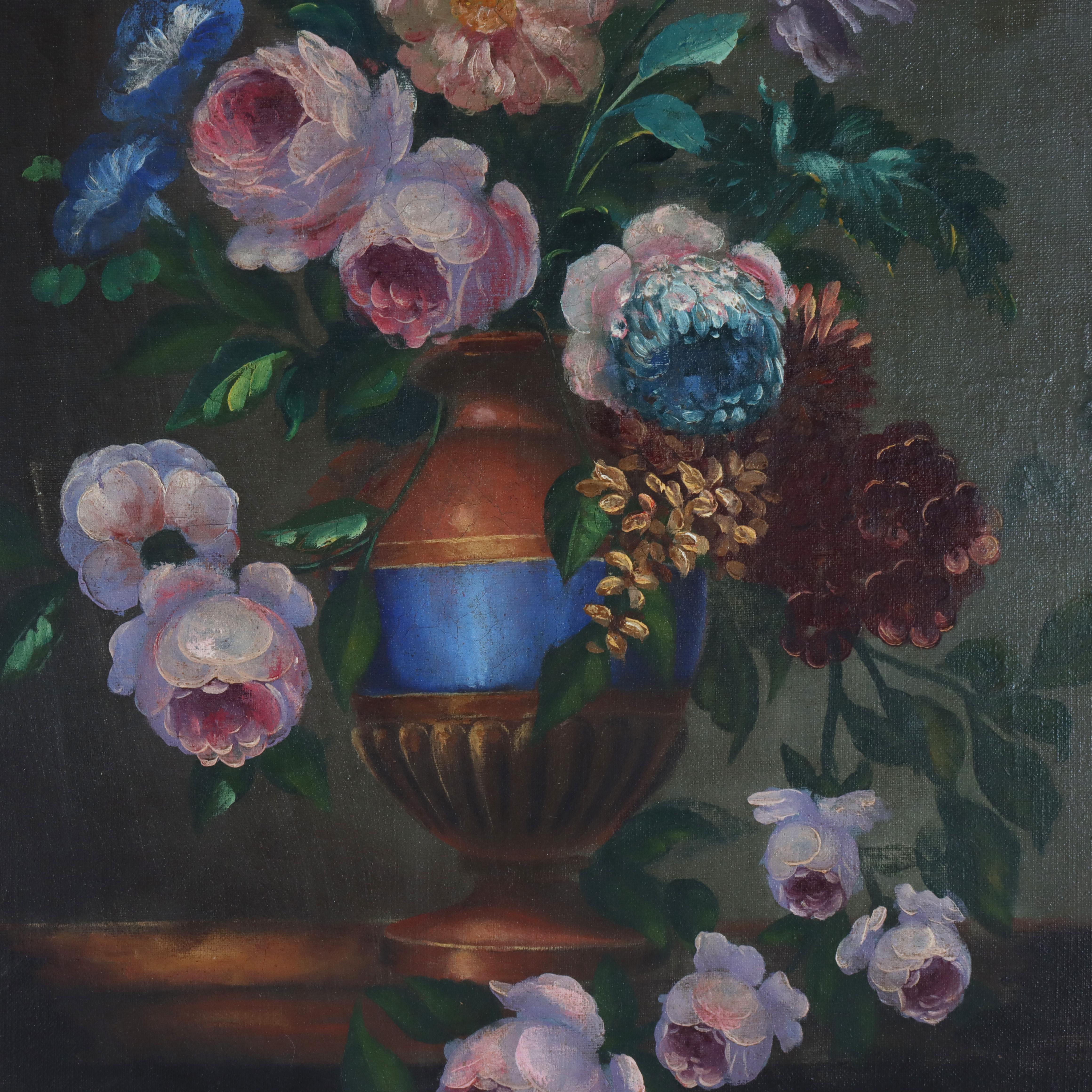 Antike Öl auf Leinwand Kontinentale Blumenstillleben Gemälde von Tabletop Vase mit Garten Blumen, gerahmt, C1910

Maße - 28 
