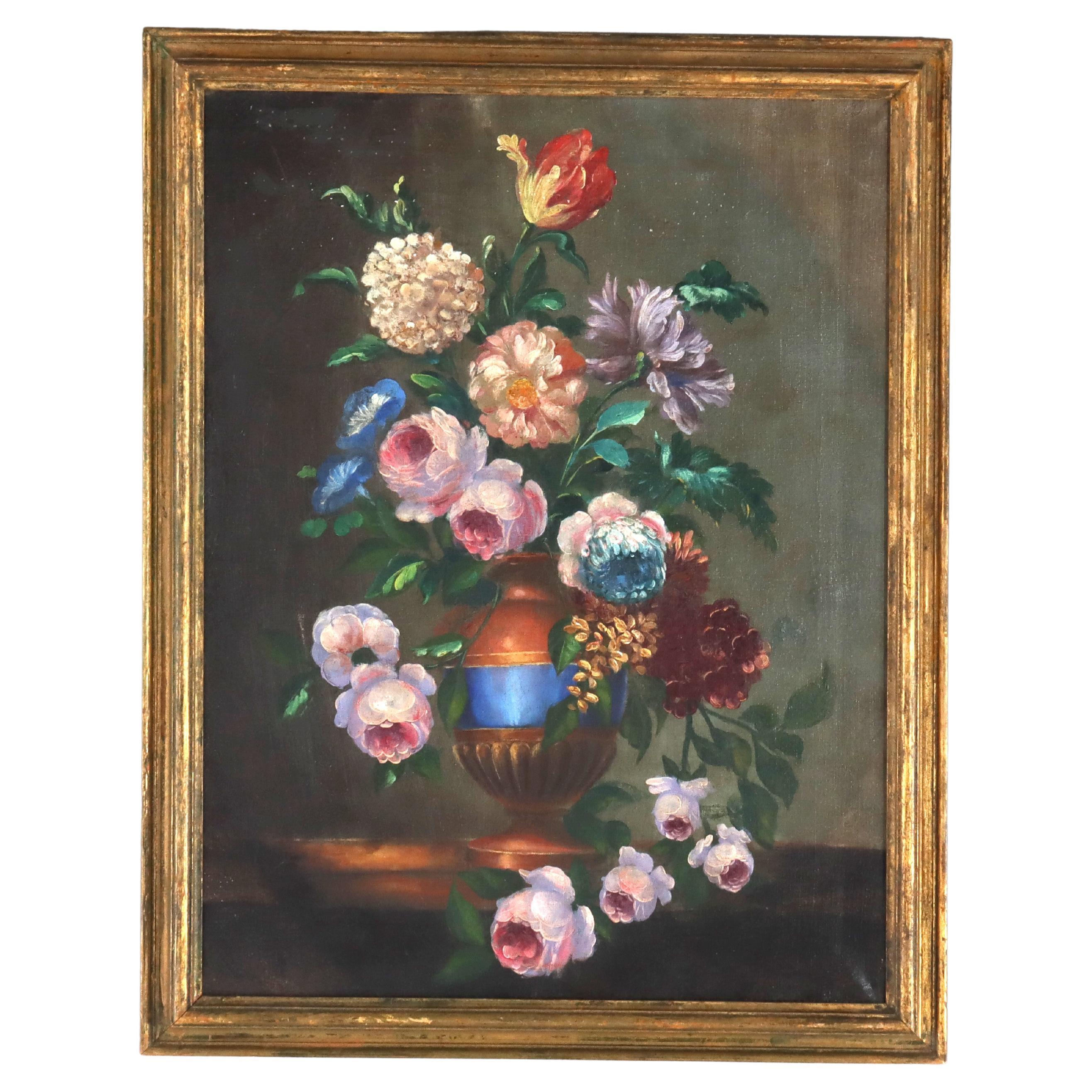 Antikes Öl auf Leinwand Kontinentales Blumenstillleben, gerahmt, um 1910