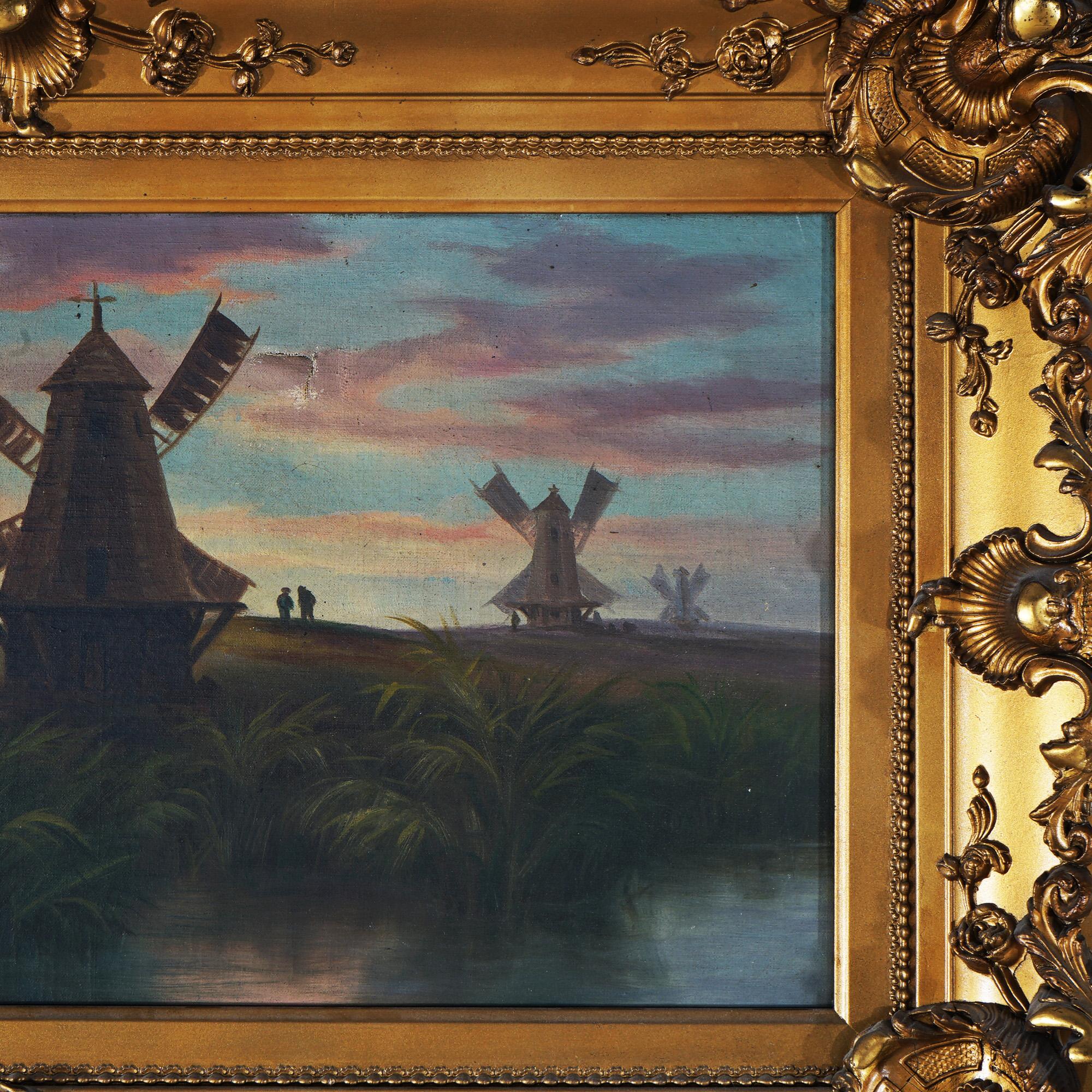 Antique huile sur toile Paysage de moulin à vent de l'école néerlandaise, vers 1890 en vente 4