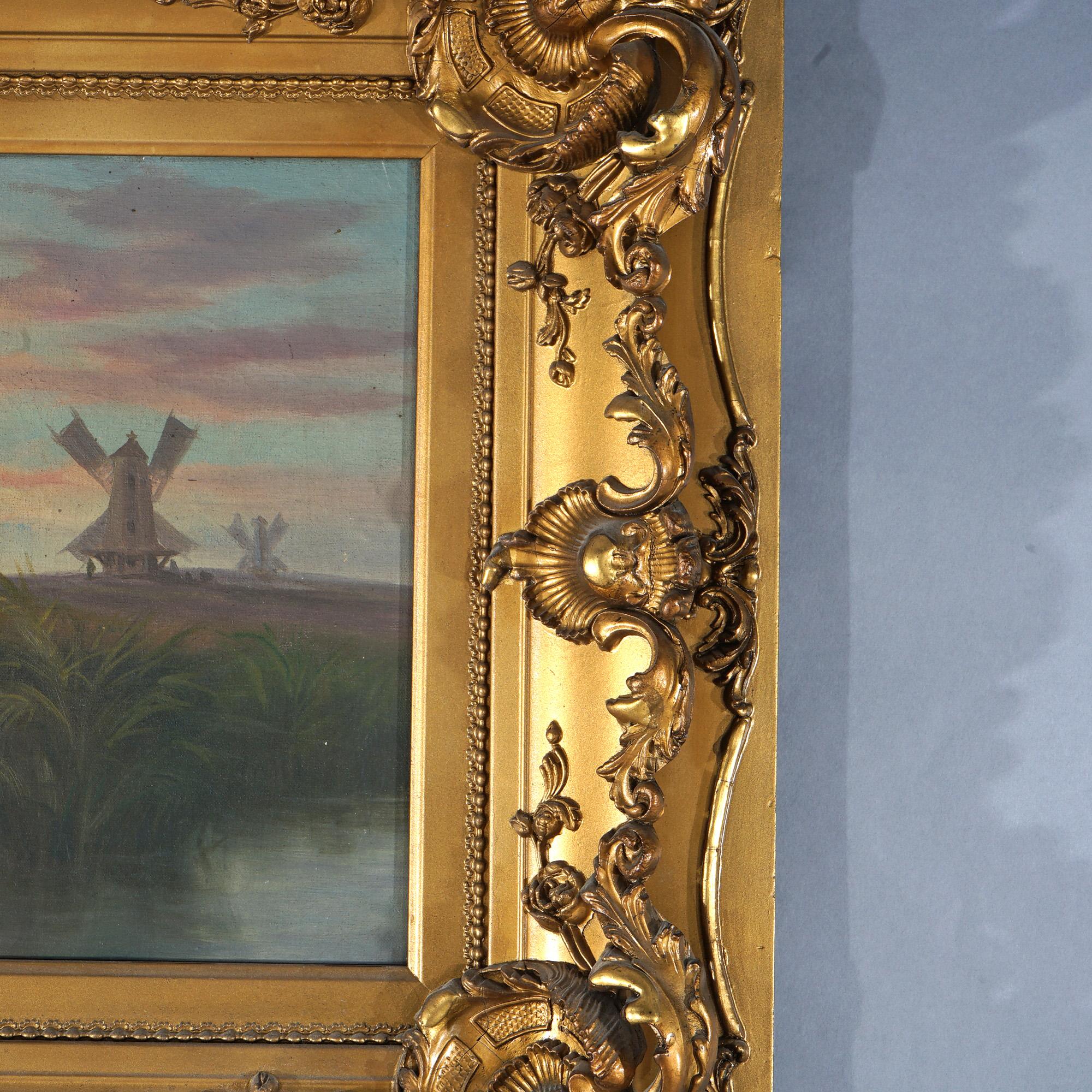 Antique huile sur toile Paysage de moulin à vent de l'école néerlandaise, vers 1890 en vente 5