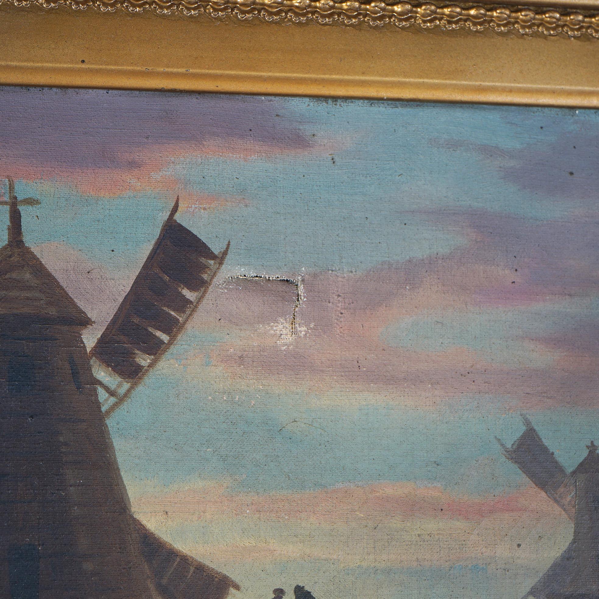 Antique huile sur toile Paysage de moulin à vent de l'école néerlandaise, vers 1890 en vente 7