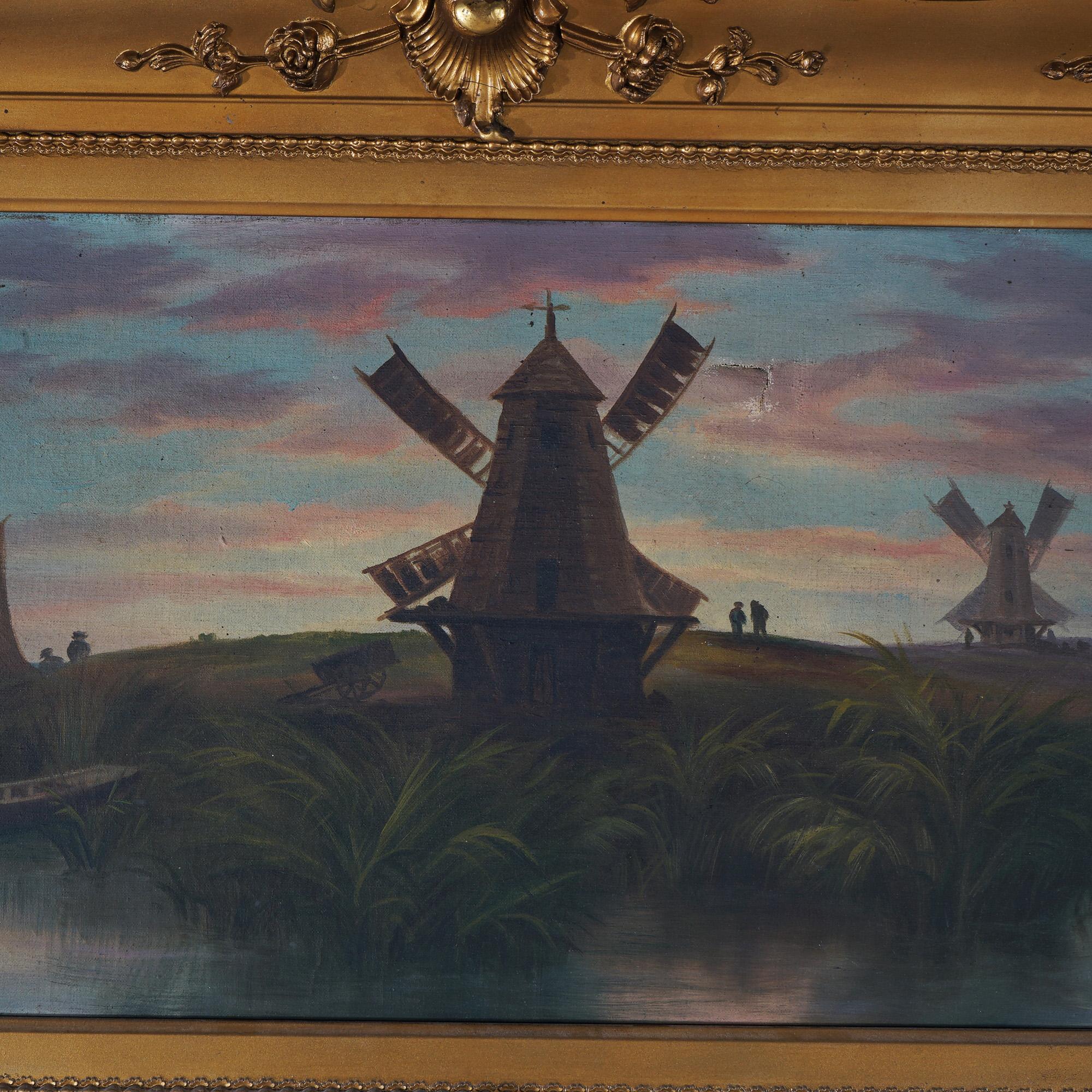 Antique huile sur toile Paysage de moulin à vent de l'école néerlandaise, vers 1890 en vente 2
