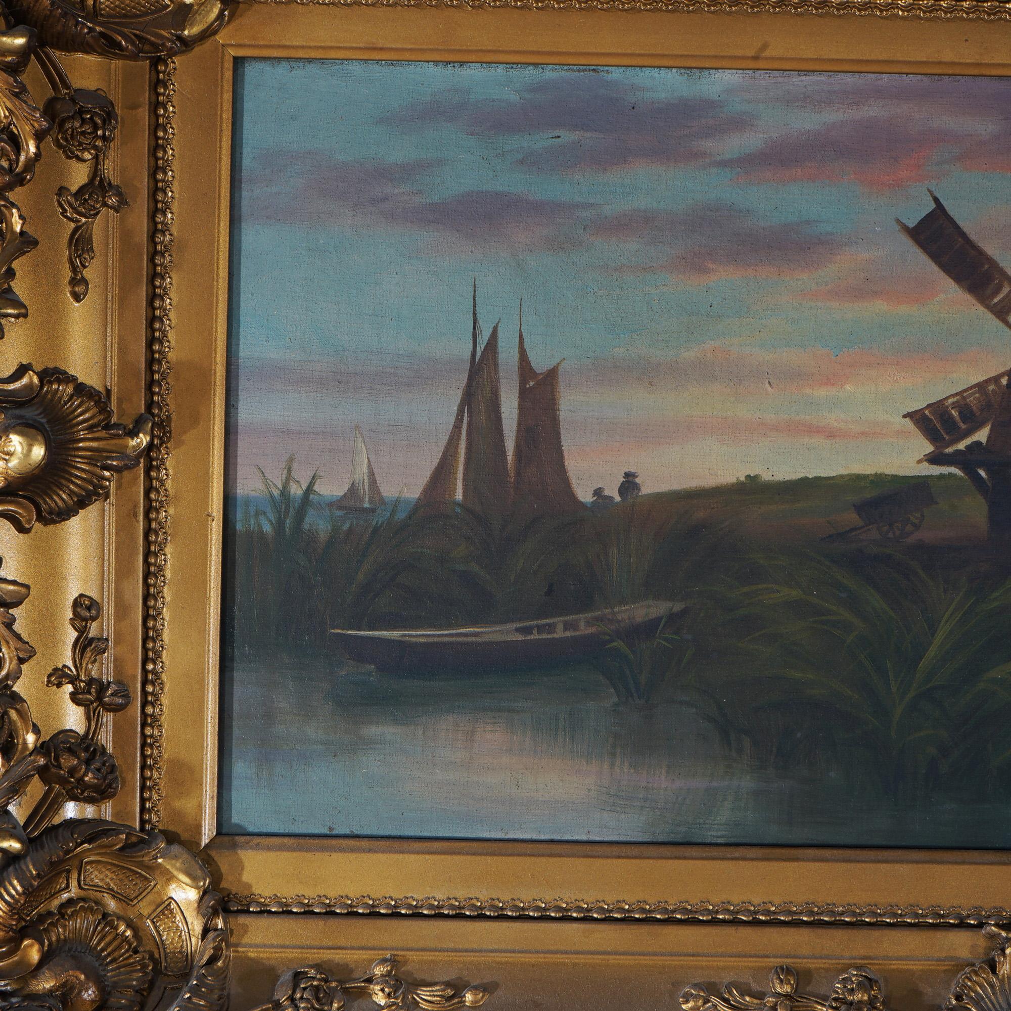 Antique Oil On Canvas Dutch School Windmill Landscape C1890 For Sale 3