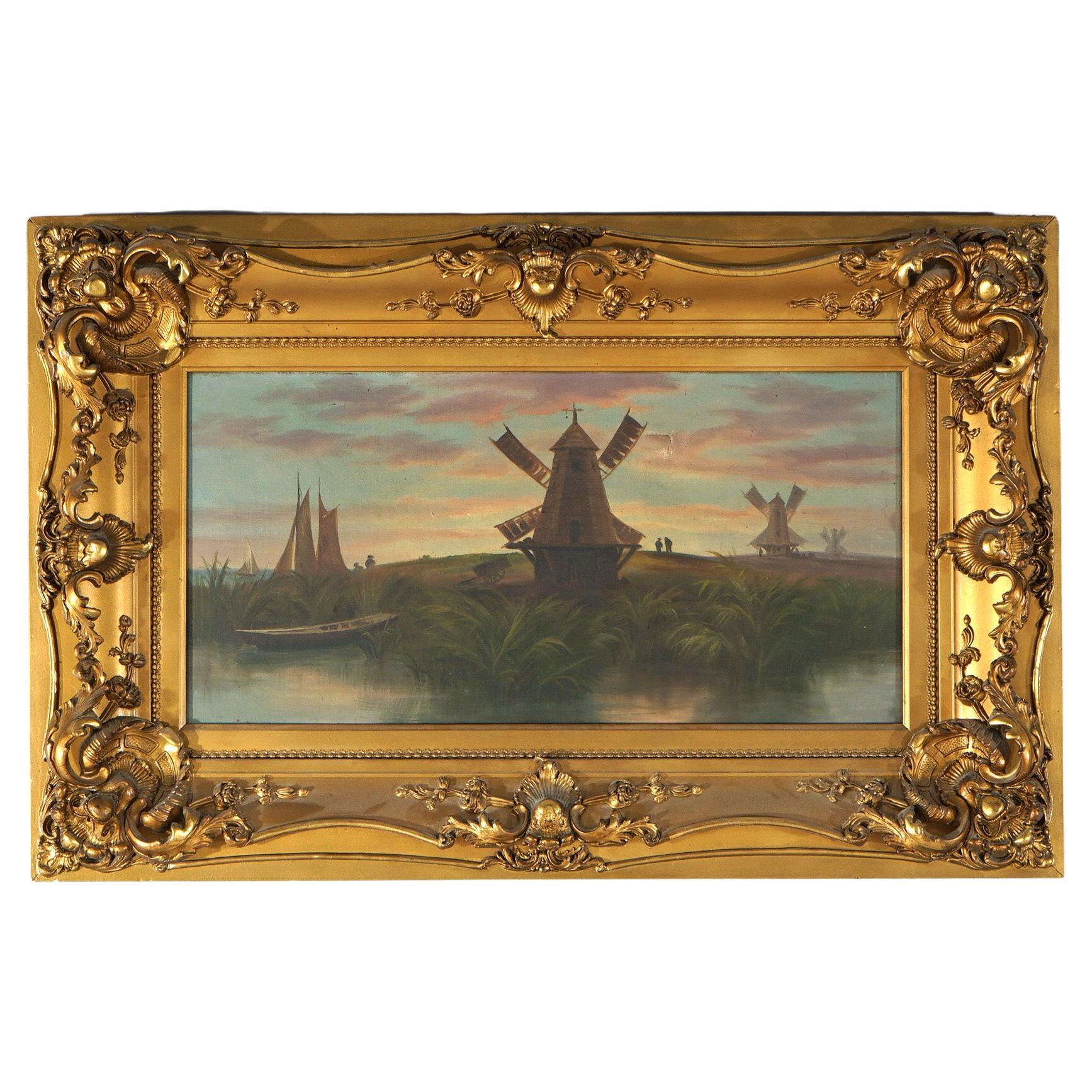 Antique Oil On Canvas Dutch School Windmill Landscape C1890 For Sale