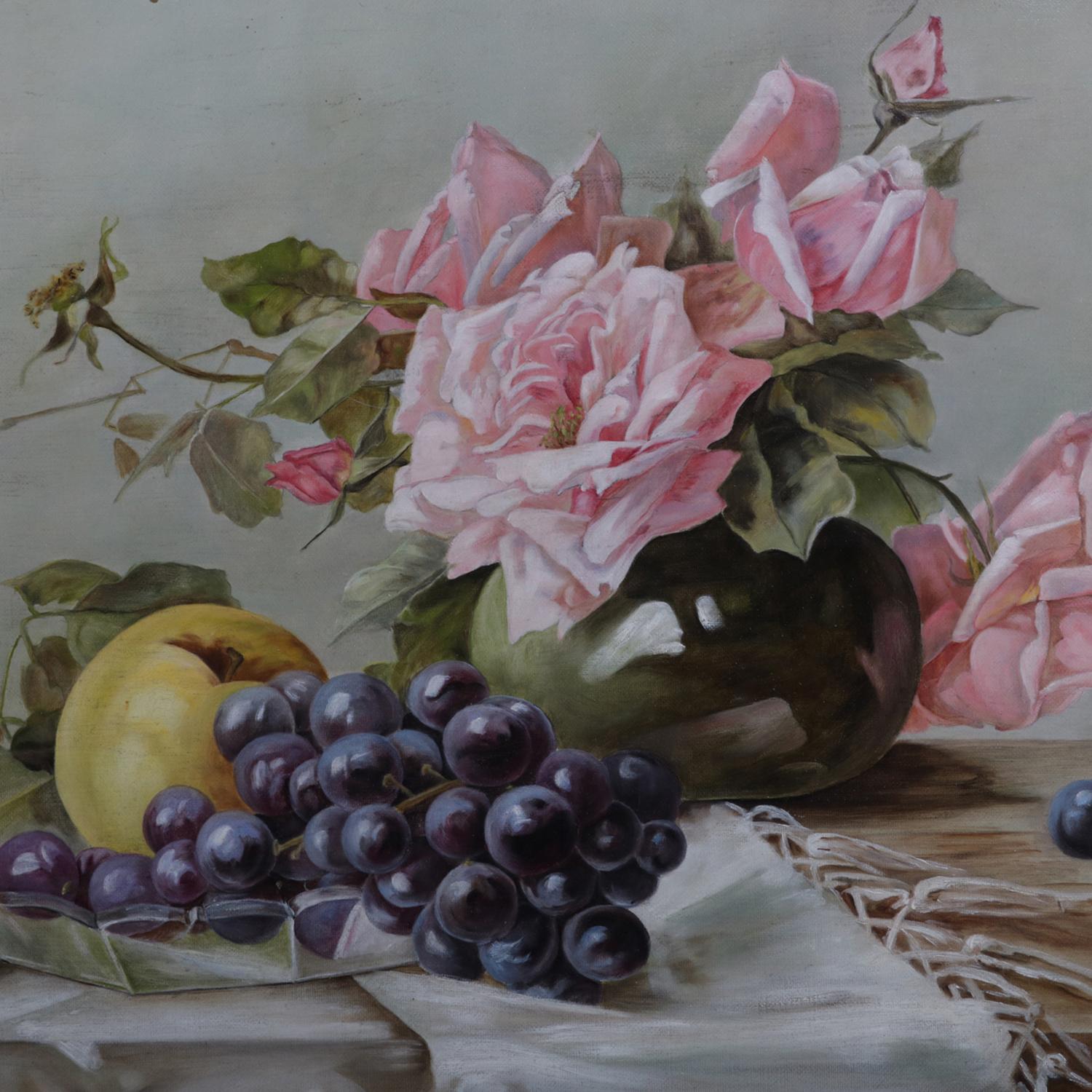 Antique oil-on-canvas painting depicts Victorian rose and fruit still life, signed lower left LAS and seated in giltwood frame; circa 1890. 

Measures: 23