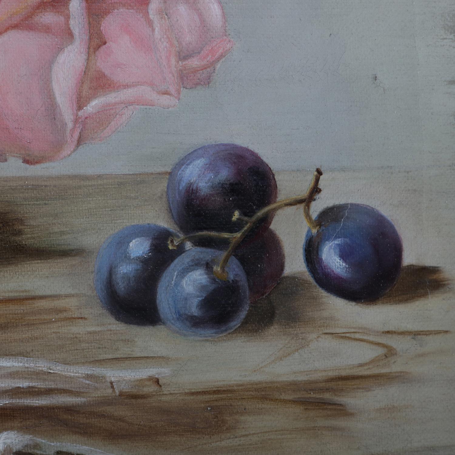 Antique Oil on Canvas Floral Rose & Fruit Still Life Painting Signed, circa 1890 In Good Condition In Big Flats, NY