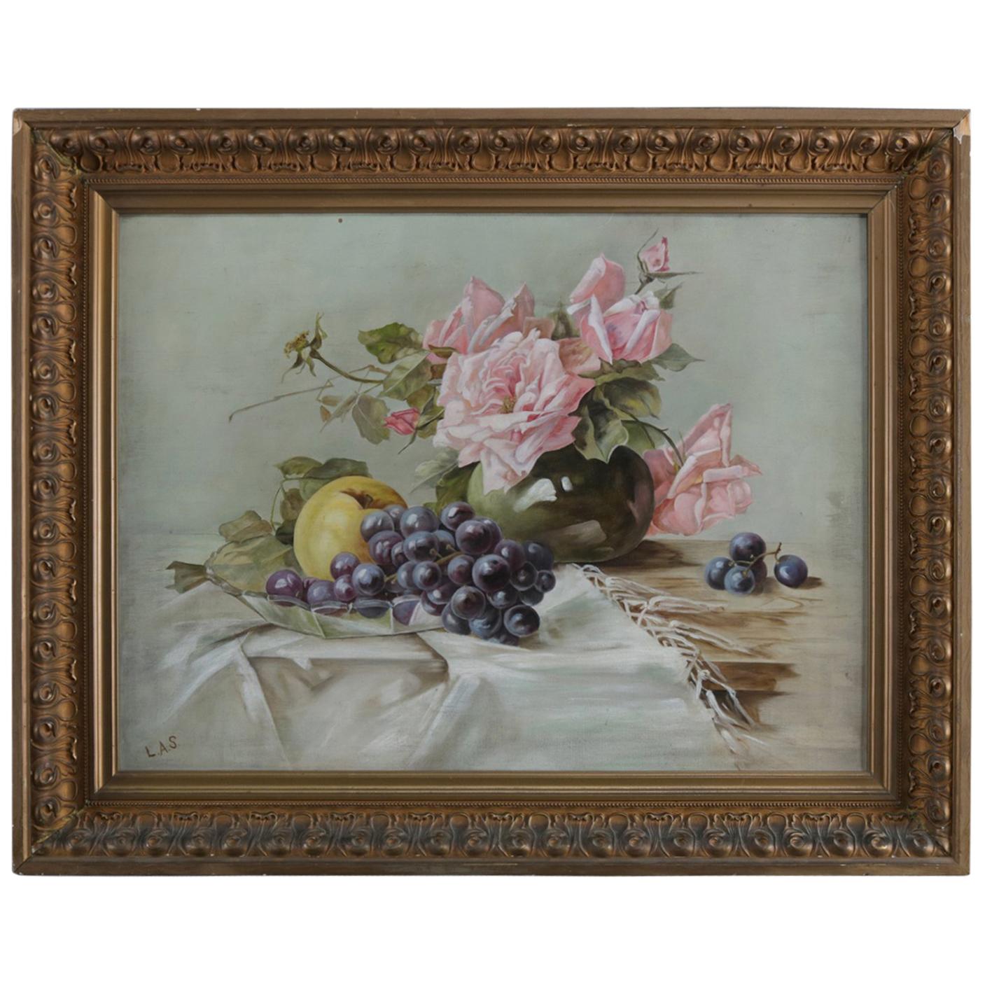 Antique Oil on Canvas Floral Rose & Fruit Still Life Painting Signed, circa 1890