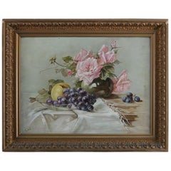 Antique Oil on Canvas Floral Rose & Fruit Still Life Painting Signed, circa 1890